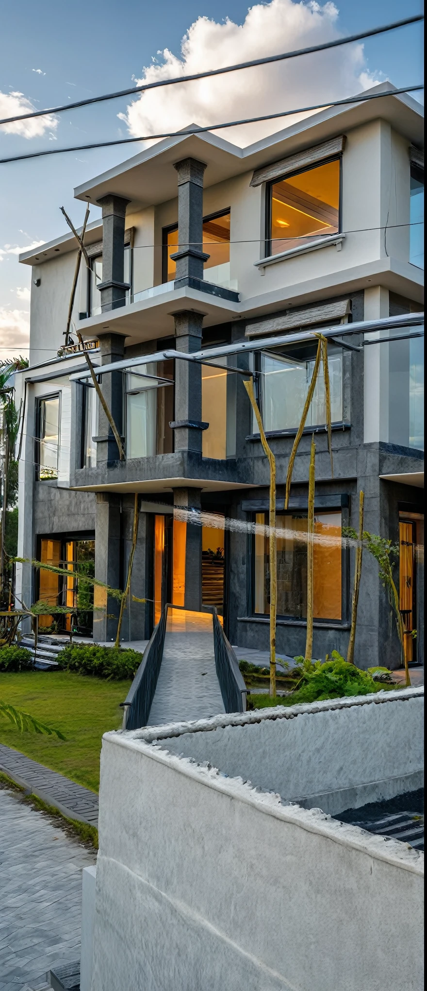 Masterpiece, high quality, best quality, authentic, super detail, outdoors, onestoreyvillaXL, aiaigroup, house style modern on the street ,stairs, white wall ,road,pavement, grass, trees, sky, cloud, (daylight:1.1)