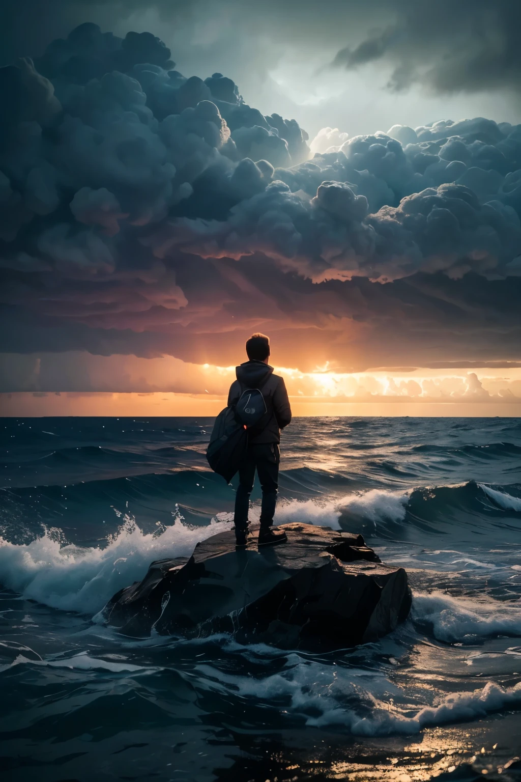 more lighting strikes, electric storm, a young boy silhouetted against a sunset over an atoll island, a plush baby bird by his side, ominous storm clouds approaching, dramatic lightning in the sky, (best quality,4k,8k,highres,masterpiece:1.2),ultra-detailed,(realistic,photorealistic,photo-realistic:1.37),dramatic lighting,cinematic composition,breathtaking scenery,serene atmosphere,vibrant colors,moody sky,turbulent weather,detailed textures,intricate details