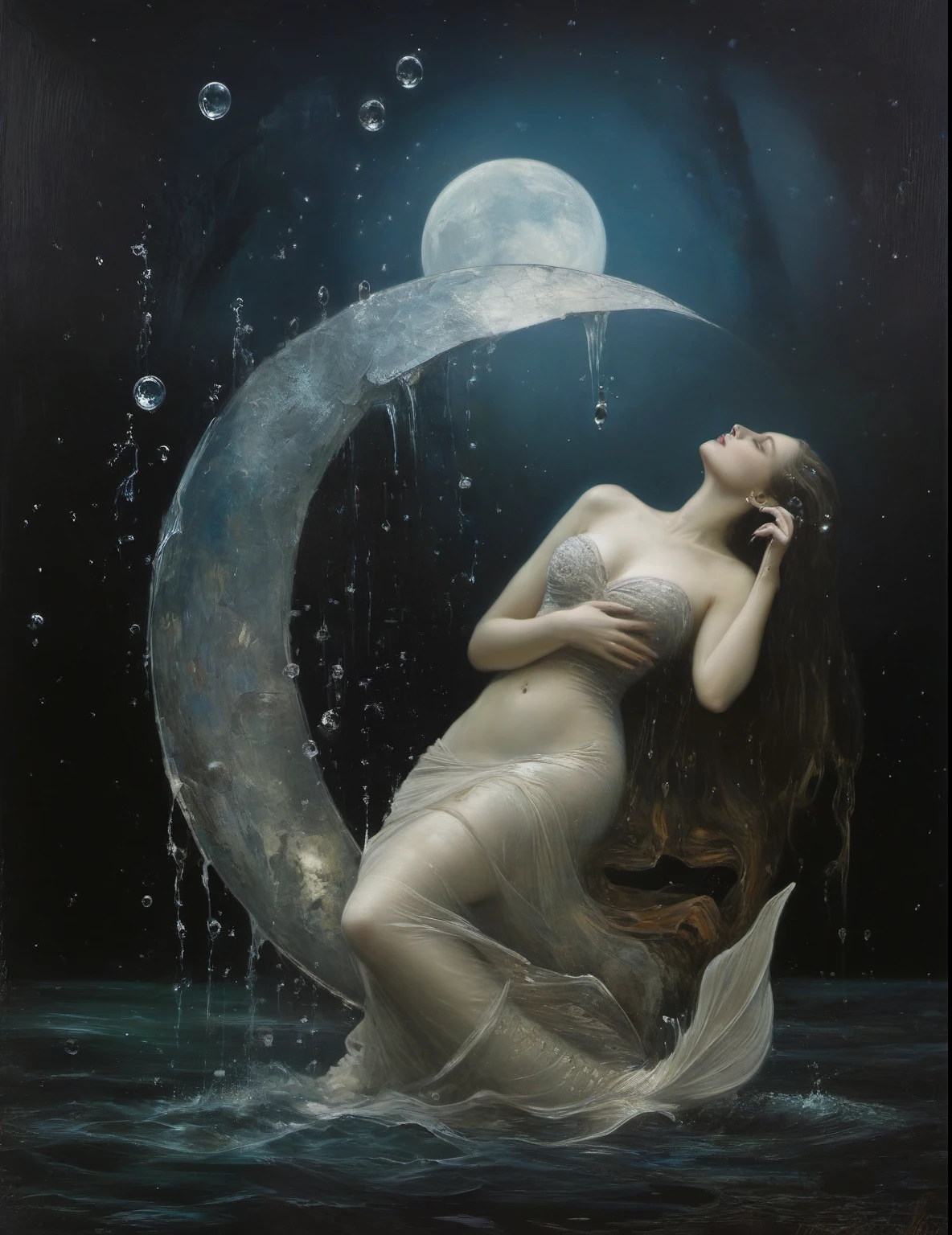James Gurney, Surrealist art , dream-like, Mysterious, Provocative, symbolic, Complex, detailed,, (Gothic but very beautiful:1.4), (masterpiece, highest quality:1.4) , Nicola Samori Style, Mermaid kissing the moon, Water bubbles