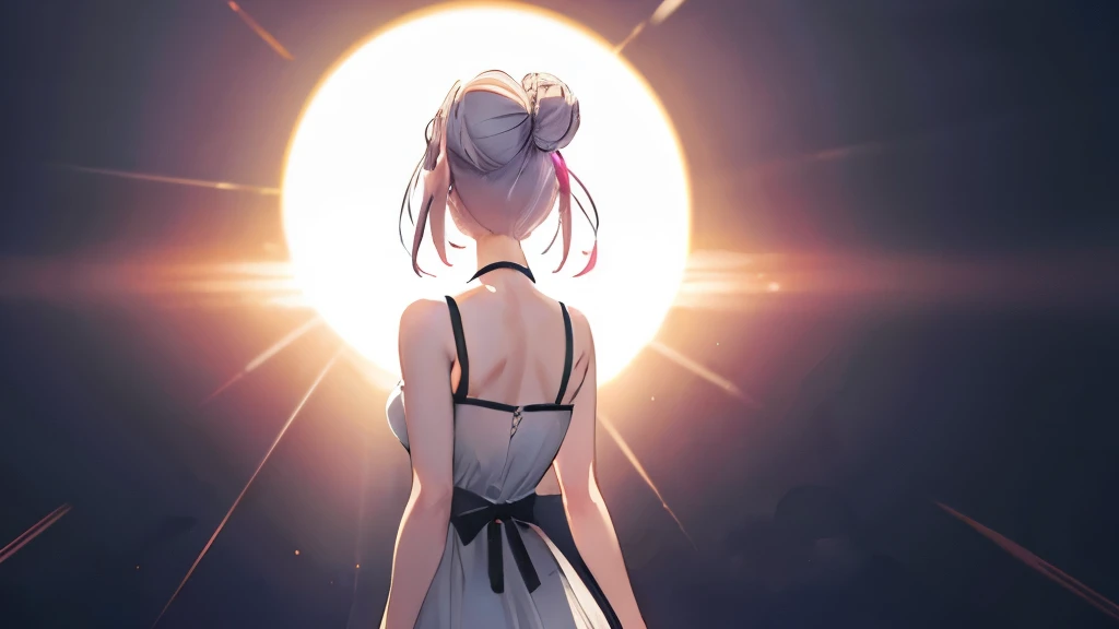 Pink silver hair, A very short shortcut, Hair Bun, camisole, (Backlit silhouette:1.3), (sun:1.2), Opera Stage, Panoramic Photos, White Background, (masterpiece), (highest quality, 8k, High resolution), Super detailed