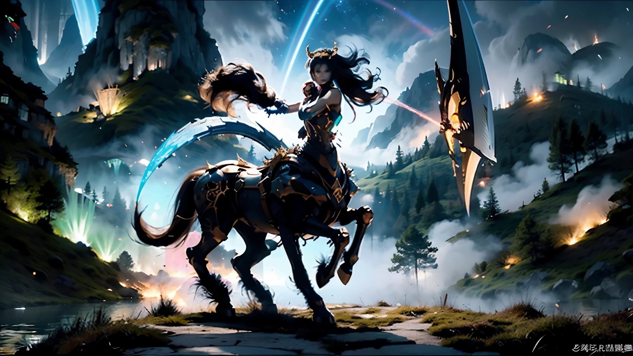 In the beautiful illustration of this super-grand scene,The ultra-distant lens shows us(More than eight distinctive and beautiful female centaurs,Half man, half horse,Half man, half horse,Princess:2.7),Their personality、Distinctive and vivid features。from(A radiant, angelic, snow-white centaur from heaven:1.1),arrive(Nightmare-like fiery red centaur surrounded by flames:1.1)、再arrive(Green Centaur, the wind fairy dancing in the air:1.1)、再arrive有(One-horned blue centaur surrounded by lightning:1.1),arrive(A mechanical-style mecha Centaur shining with metallic light:1.1)、再arrive(A powerful dragon-shaped centaur wearing colorful dragon scale leather:1.1)、再arrive(A slender elven centaur that is graceful and agile:1.1)Gracefully wears a flower crown、arrive(Enchanting and charming Tiflin centaurs:1.1)、再arrive(A succubus centaur with an indescribably sexy feeling:1.1)。Each Centaur character fully demonstrates his unique style。The illustration uses advanced artistic techniques and tools,Use nesting、Weaving、Splicing、perspective、interlude、Montage and other artistic techniques,Divide the scene into sections by geometric arrangement,Each part corresponds to a role,from而更有效地利用了空间,Make eight centaurs exist in one picture at the same time,(The style tends to be grotesque、Hayao Miyazaki、Aesthetic、indescribable:3.3)。Through Midjourney's advanced brush tools、Color palette、Material packs和模型包、Texture tools,For each centaur, beautiful props are designed to increase racial characteristics、Clothing and physical features,Enhances the character's personality and visual appeal,(Stunning landscapes in illustrations,There are changing skies、rainbow、aurora、Stars and Moon,Incorporating iconic landmarks such as Mount Everest,and fireworks、Tranquil Lake、Natural and urban elements of waves and neon lights,Creates a magical atmosphere:1.5),Centaurs demonstrate their unique abilities and equipment in a variety of environments,This is true even in extreme alien landscapes。Use Midjourney's tools、Material packs、Texture tools、The color palette makes depicting details vivid and realistic,from复杂的发型和以及不同的种族特质、Body、Appearance features、服装arrive真实的纹理,Greatly improved the realism of the Centaurs and their surroundings,The fusion of multiple art styles adds dynamism to the character's movement at all angles,The overall visual experience is further enriched。The final illustration was described as a "masterpiece",It has the characteristics of "best quality" and "realistic",The details put into the creative process are shown、Level of creativity and craftsmanship。 hdr,(Reality,Masterpiece quality,Best quality)