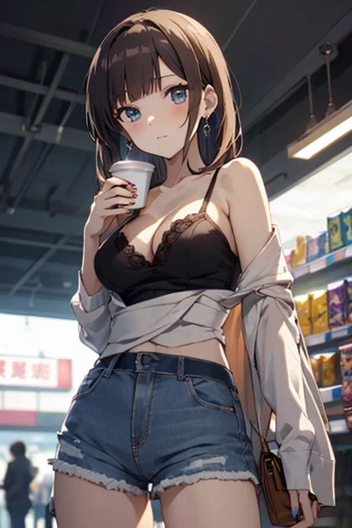 (masterpiece, Best Quality, ultra-detailed, high resolution, extremely detailed CG, official art, Professional Lighting, Perfect Anatomy, anime colors), (from below), looking at viewer, cowboy shot, perfect body, a 24yo beautiful girl, sidelocks, hairband, earrings,medium hips, glamorous body,a small face,beautiful-makeup,Makeup light,dark brown hair, Amazing Cleavage, thin waist, cute ass, Raised sexy, small breast: 1.2 posed cleavage:1.2, (off shoulders,Denimbra,legginullnude), micro denim shorts, bare legs, nail_polish, pale skin, Waiting friend, (morning:1.5), tokyo, (convenience store:1.3), outdoor, (depth of field:1.3), contrapposto, (Hold a coffee in your hand:1.3),delicate beautiful face, Bright blue eyes, cute eyes, sparkling eyes, Big eyes, (perky chest:1.1), (pointed chest:1.3), looking at viewer,