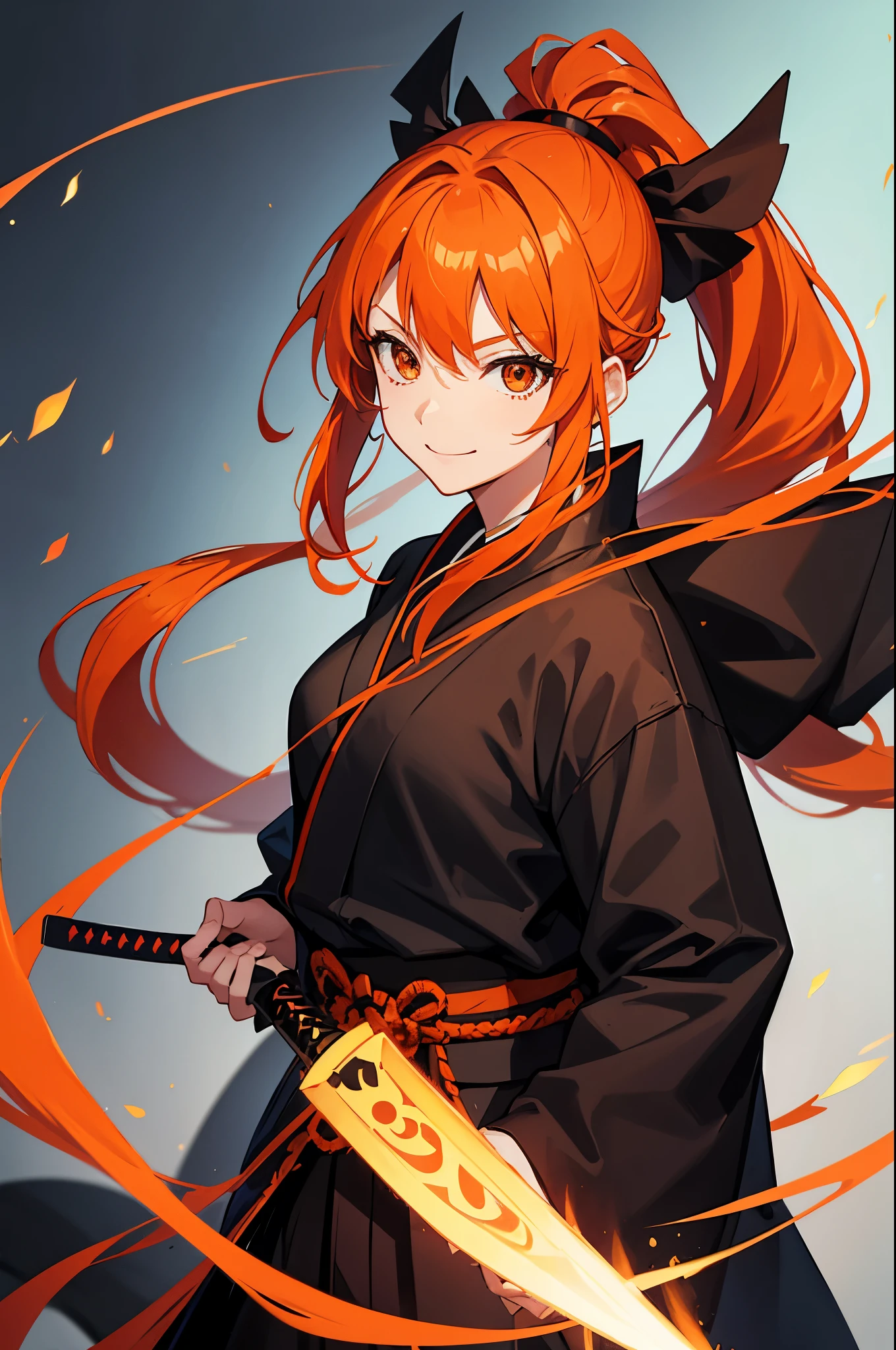 girl, orange hair, long hair, ponytail, black shihakusho, black kimono, black hakama, smile, sword, fighting