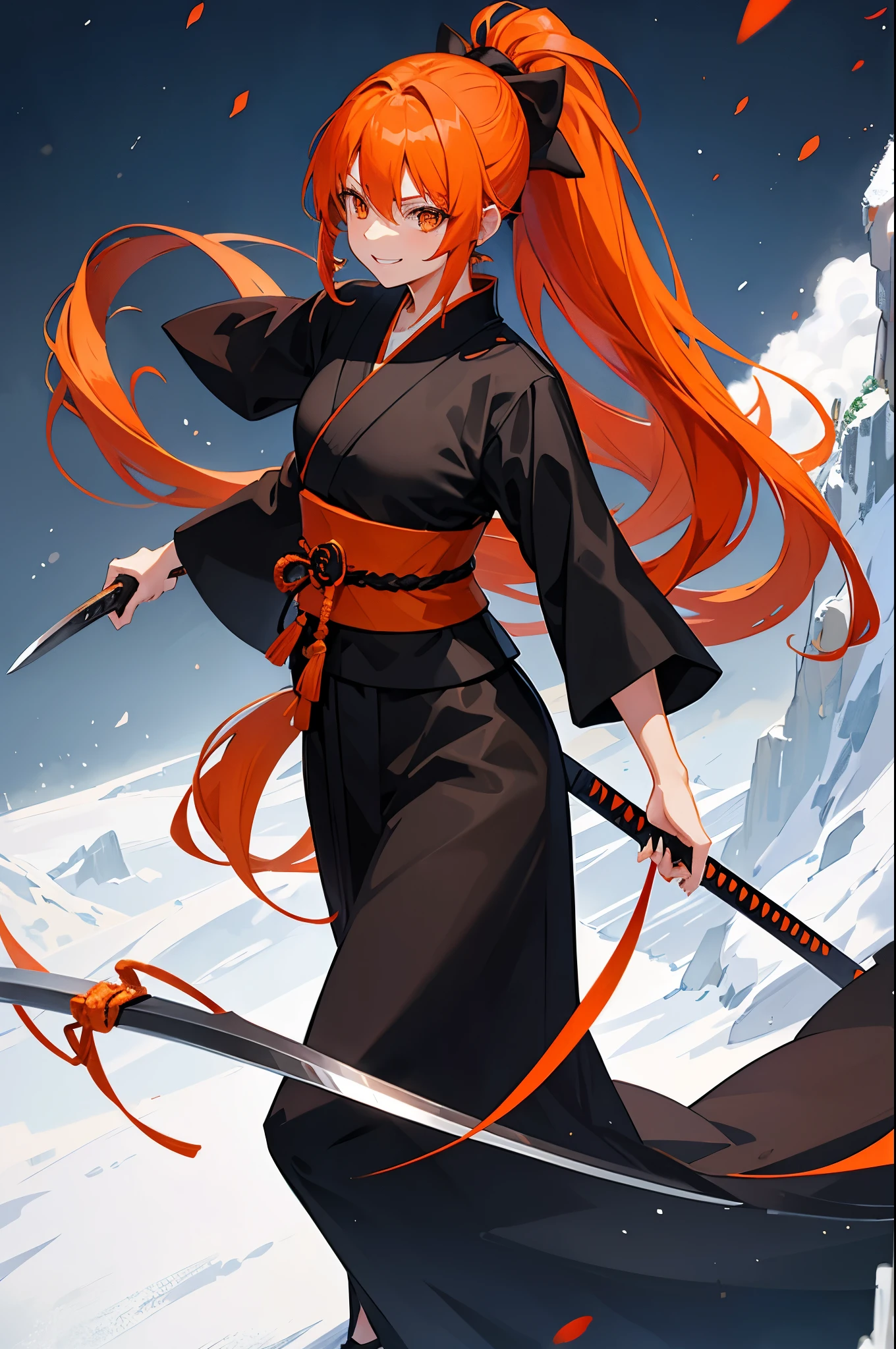 girl, orange hair, long hair, ponytail, black shihakusho, black kimono, black hakama, smile, sword, fighting