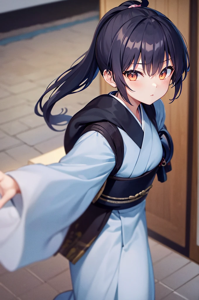 (masterpiece1.5), best quality, expressive eyes, perfect face Beautiful. Wear is kimono. Beautiful Anime is Japanese cute girl. Japanese girl is ponytail. hair colour is black. hair style is ponytail. single eyelids. eye style is hooded and sultry and deep set and captivating and enigmatic. Facial expression is smile. Background image is street. situation is it looks like it's playing parkour. Jpanese cute girl is jamping motion on the roof top.