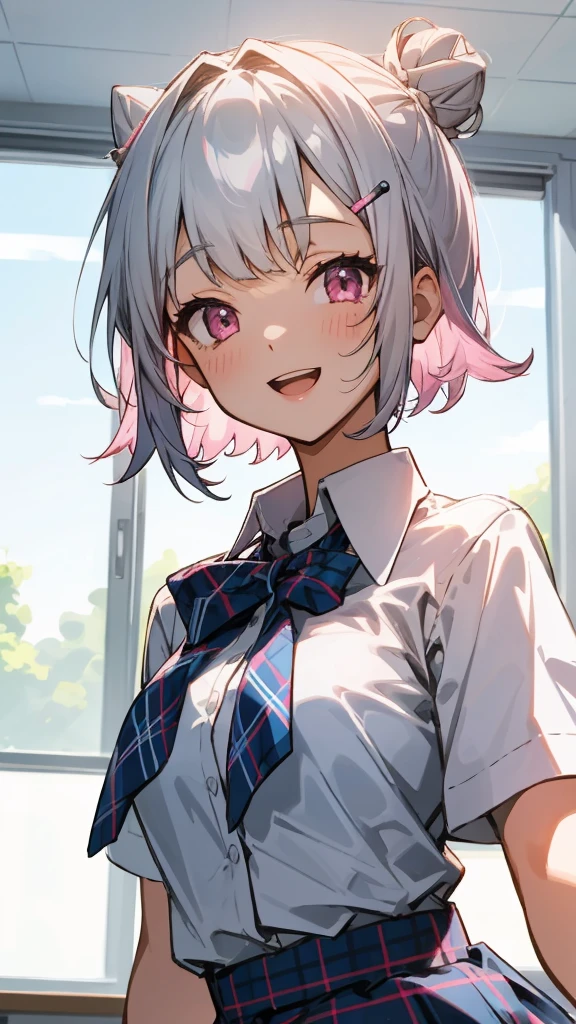 silver short hair and bob hair、I tied my hair into a bun with a hair clip.、pink eyes、white blouse shirt、tartan check skirt、smile、open your mouth wide、upper body close-up、After school classroom