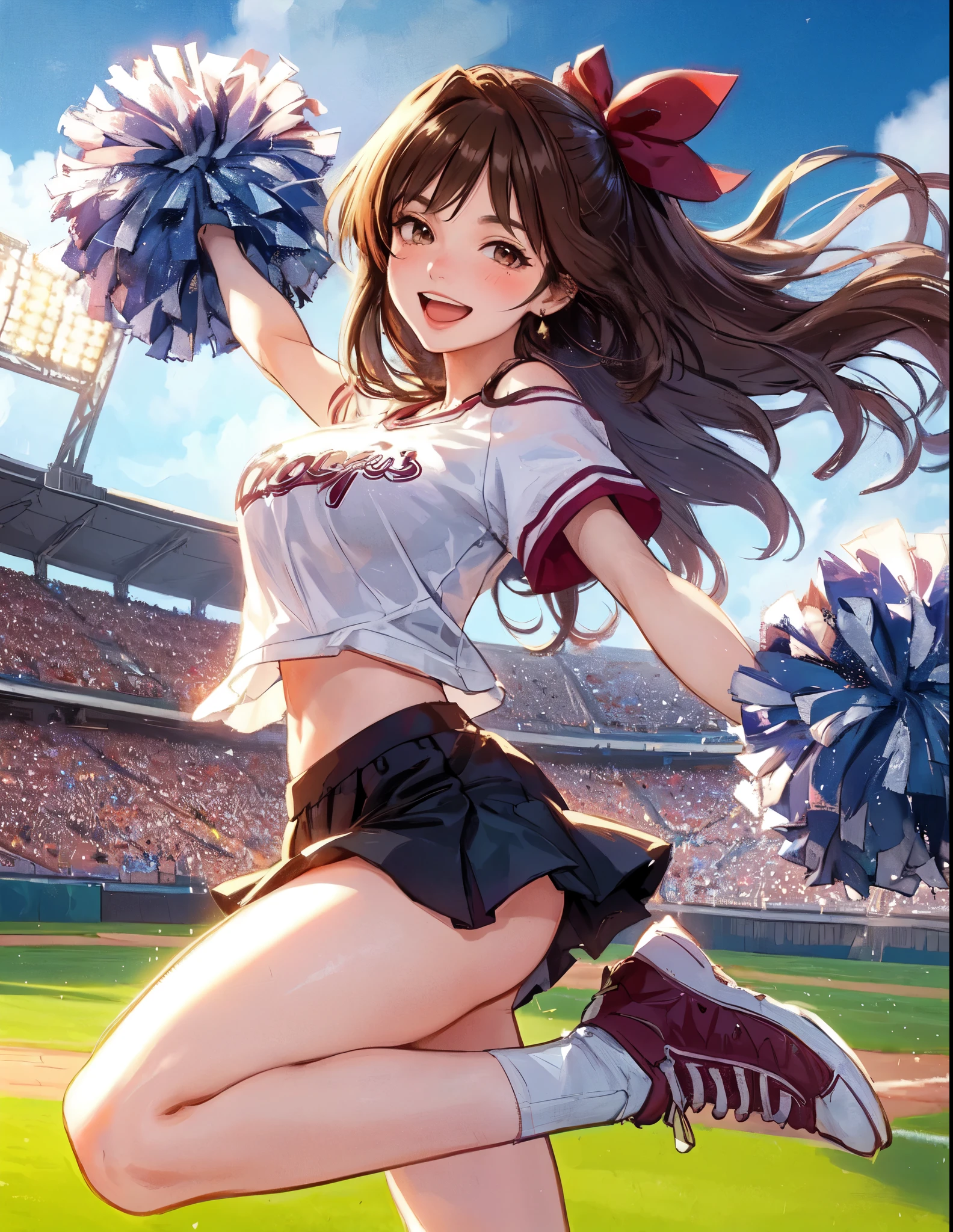1lady solo, cheering, dancing, (dynamic posing), cheerleader (stylish outfit), mature female, /(brown hair/) bangs, ribbon, blush brightly smile, open mouth, (teeth:0.8), (masterpiece best quality:1.2) delicate illustration ultra-detailed, large breasts BREAK (holding pom-pom) BREAK /(baseball stadium) grass, outdoors, audience