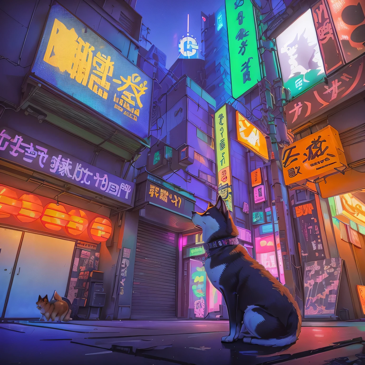 Cartoon Shiba Inu sitting on the ground in front of a neon city, Shiba Inu attacks Tokyo, In the cyberpunk city, Tokyo anime scene, Anime style cityscape, Cyberpunk Shiba Inu, New Tokyo Background, Stylized urban fantasy artwork, In a cyberpunk city, In a cyberpunk city, In cyberpunk city, Cyberpunk alley, Cyberpunk Street, Cyberpunk art style, Neon Tokyo, Cyberpunk Streets in japan