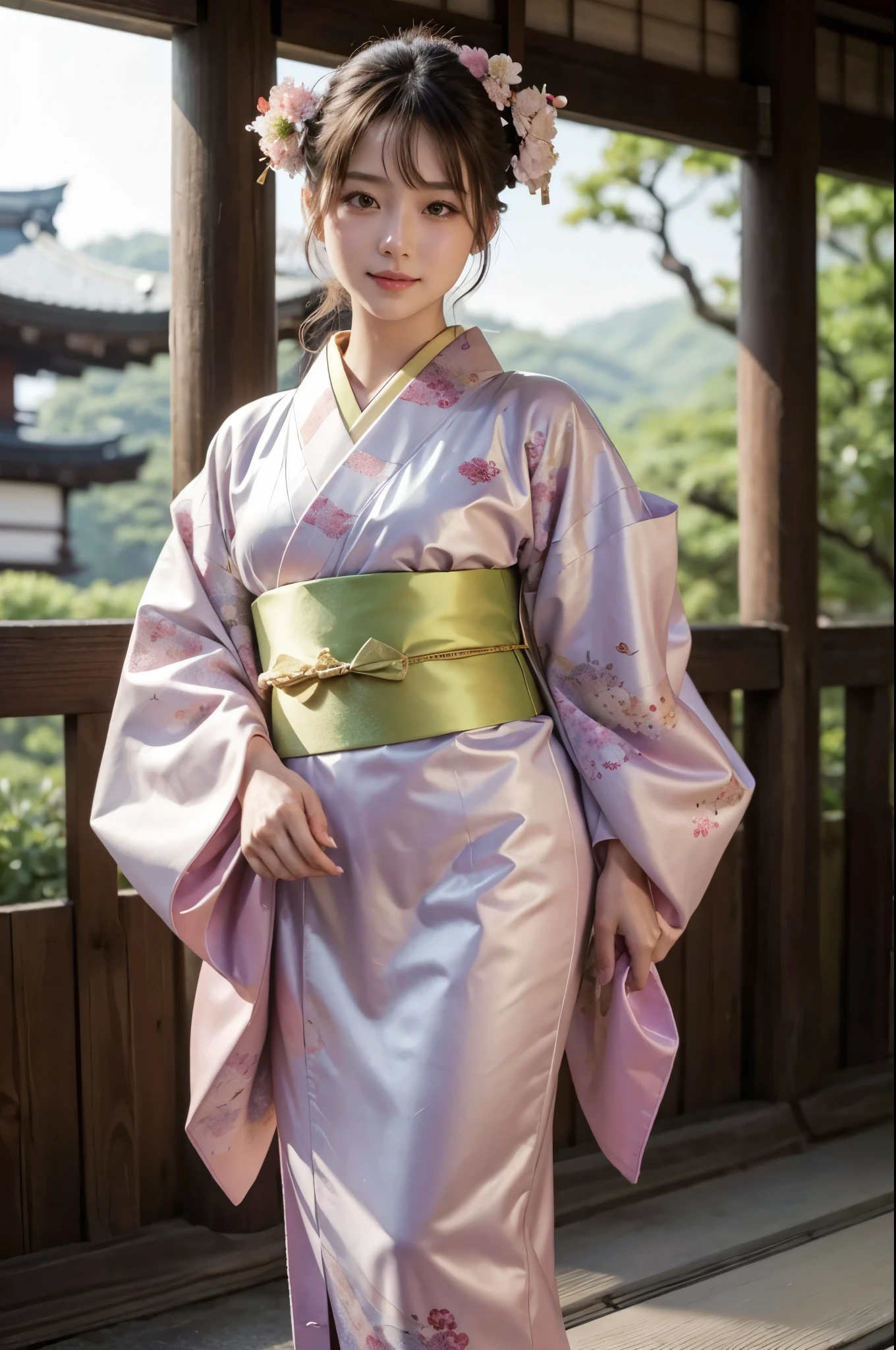 (masterpiece, highest quality, Realistic, High resolution, photograph, :1.3), Sharp focus, 1 Cute Japanese Girl, Hot Model, Highly detailed eyes and pupils, Realistic Skin, Highly detailed hair, Delicate face, Sensual look, Bright lips, Natural Lip, ((whole body shot)), standing pose, smile, (Kimono:1.5), (Floral), ((sash)), ((obi)), outside of home, (Japanese Style Country), full body,