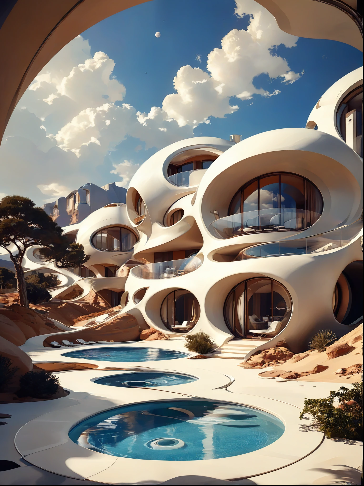 Architectural study concept for futuristic housing incorporates organic fluidity、Circles and geometric shapes，and use artistic imagination to render houses and landscapes, 