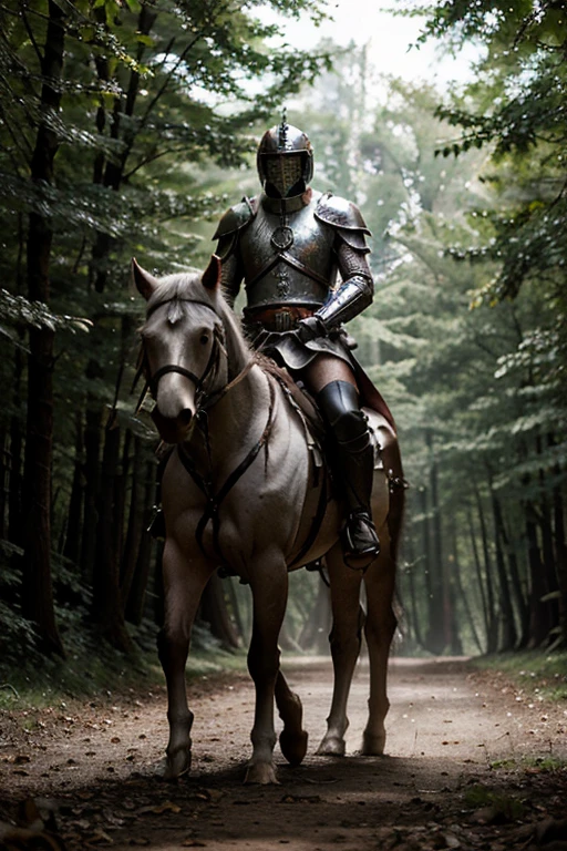 Amidst the ancient, mist-covered forest, a lone figure emerges—a Templar Knight, adorned in gleaming armor, with a scarlet cross emblazoned upon his chest. Mounted upon a magnificent white wolf, their bond palpable, they traverse the shadowed paths with purpose. In one hand, the knight wields a sturdy shield, bearing the insignia of his order; in the other, a lance, poised for battle. As they journey forth, the echoes of their silent determination resonate through the woodland, a testament to their unwavering resolve.