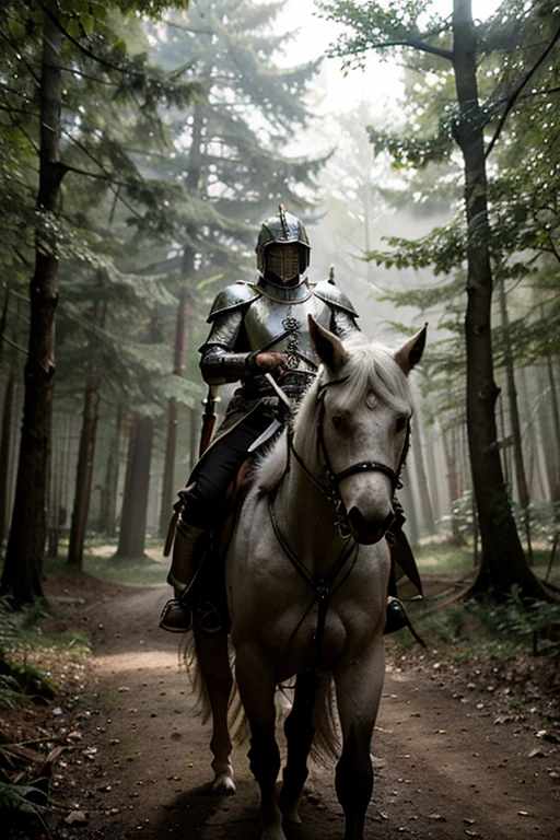 Amidst the ancient, mist-covered forest, a lone figure emerges—a Templar Knight, adorned in gleaming armor, with a scarlet cross emblazoned upon his chest. Mounted upon a magnificent white wolf, their bond palpable, they traverse the shadowed paths with purpose. In one hand, the knight wields a sturdy shield, bearing the insignia of his order; in the other, a lance, poised for battle. As they journey forth, the echoes of their silent determination resonate through the woodland, a testament to their unwavering resolve.