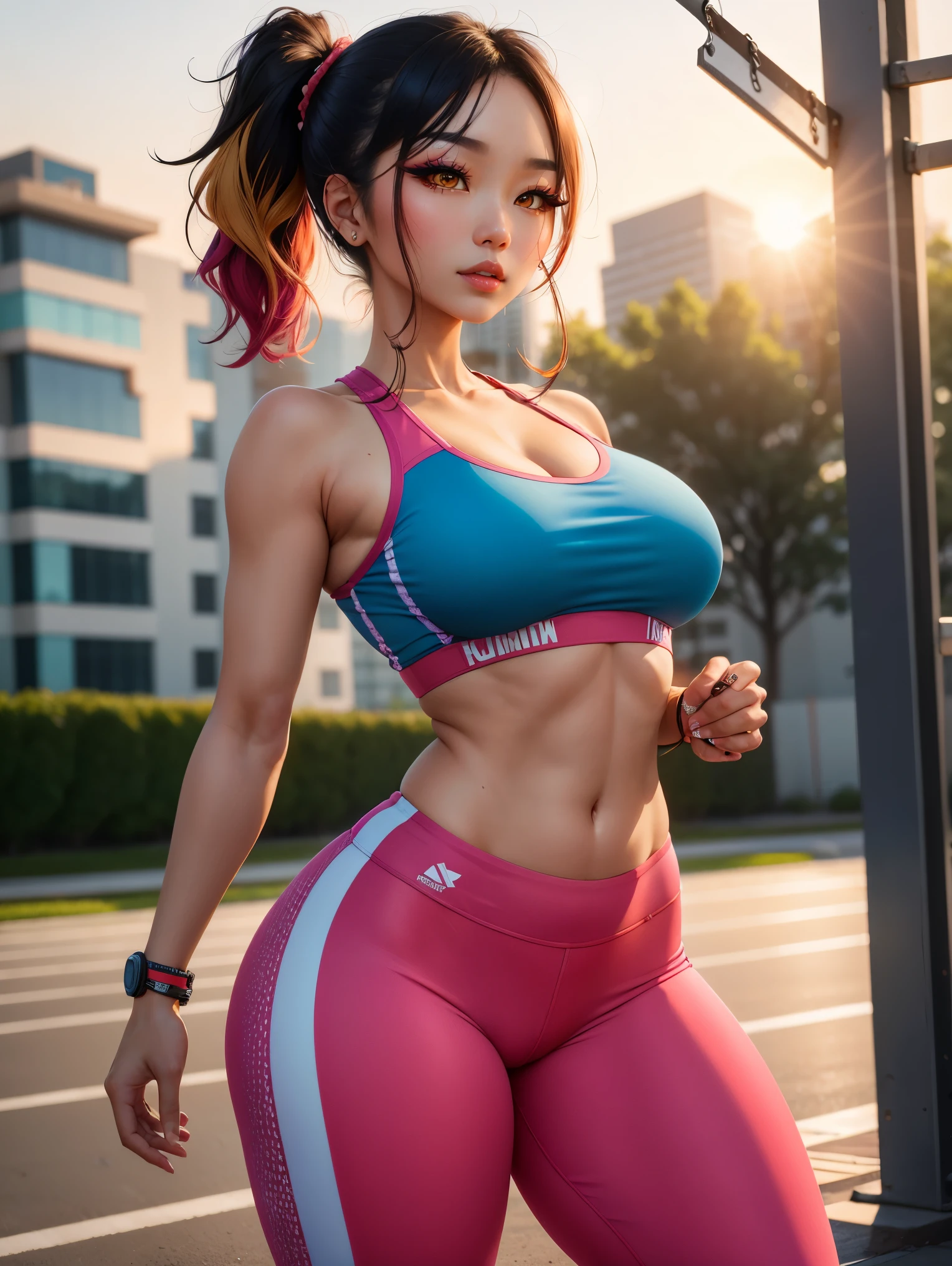 Asian woman stands in a gym outdoors in a bright outfit, Workout clothes, consisting of two parts, fit curvy physique, Wearing Fitness Gear, Fit Pic, Bright, multicolor, Cute sportswear, Cottagecore!! fitness body, taut clothes, full figure, skinny waist and thick hips, Peach and Goma style, sun setting, gorgeous lady, Seductive expression, Multicolored