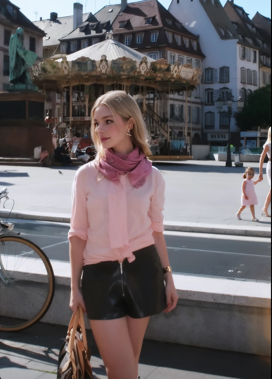 mulher, americana, 25 anos, pale skin and freckles, olhos cinzas, nariz delicado, soft and delicate lips, longo, cabelo blondie longo e ondulado na altura da cintura, sorriso meigo, face with delicate feminine facial features, altamente renderizado, with fuchsia scarf around the neck 
