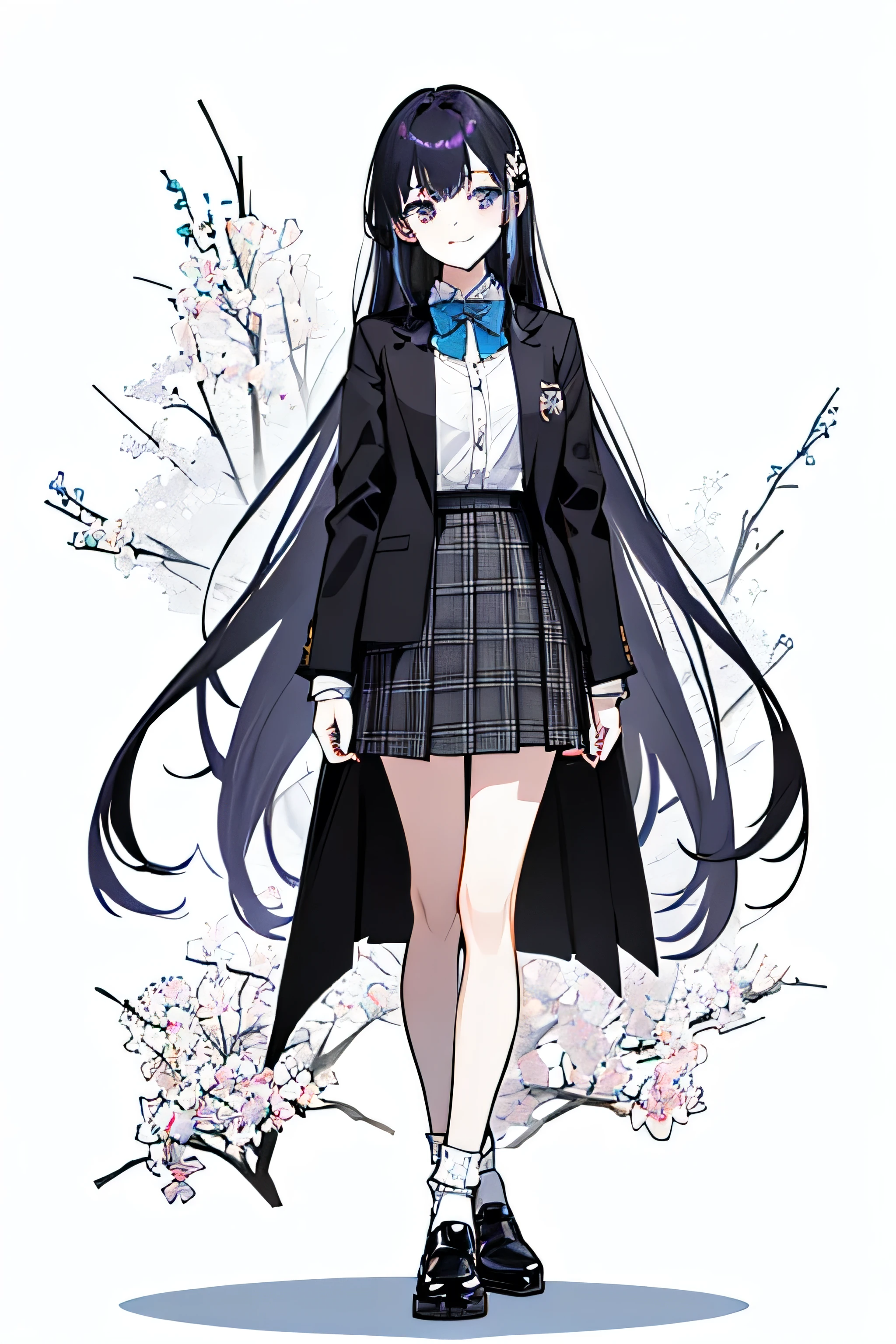 Hairstyle (long straight hair, the base color is black, but depending on the wake it looks purple or blue), Clothes (I wear a dress shirt under a black blazer that high school students wear, and a bow tie. On the lower half of my body, I wear a short skirt with a blue plaid pattern. My socks are white, and my shoes are black leather shoes. ), Facial expression (bright, cheerful, gentle smile), Posture (standing tall), Background (in a simple white room), Number of people (one person), Character (Tsuki no Mito)