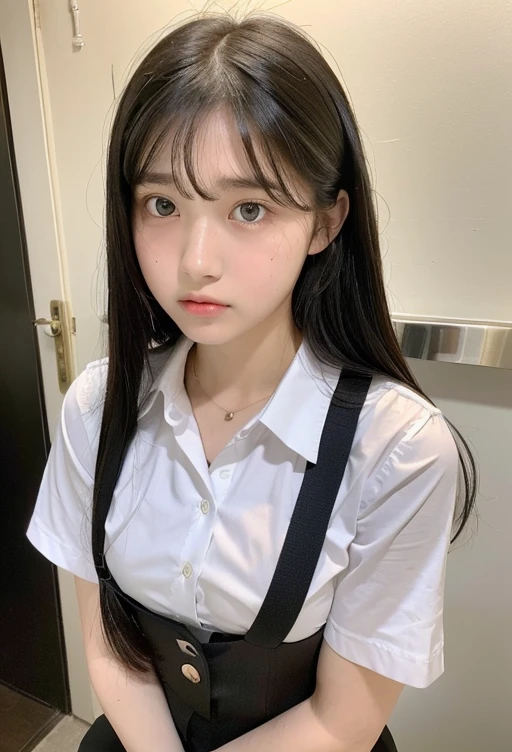 (highest quality, 8k, masterpiece ), An innocent 12-year-old junior high school girl
, Black Hair、Chest that looks like the shirt is about to tear、bangs:0.6,グラマーなThighs、Very tight see-through uniform:1.4、mini skirt, Highly detailed face, double eyelid, Strong natural light、round face:1.2、whole body、Thighs、loafers、round face、Horizontal angle,Side Angle:1.2