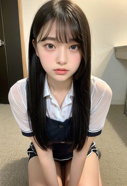 (highest quality, 8k, masterpiece ), An innocent 12-year-old junior high school girl
, Black Hair、Chest that looks like the shirt is about to tear、bangs:0.6,グラマーなThighs、Very tight see-through uniform:1.4、mini skirt, Highly detailed face, double eyelid, Strong natural light、round face:1.2、whole body、Thighs、loafers、round face、Horizontal angle,Side Angle:1.2