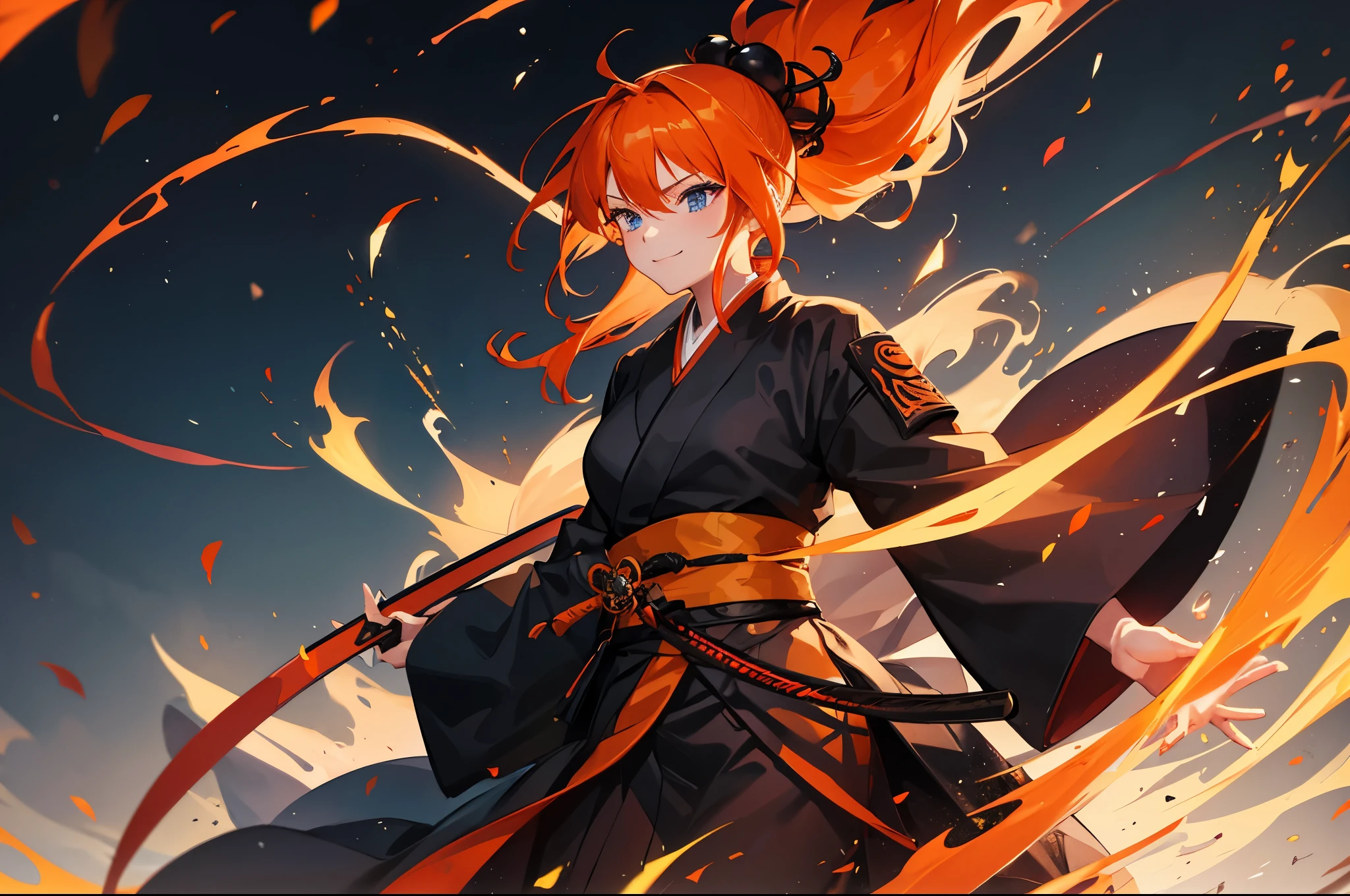1 girl, orange hair, long hair, ponytail, black shihakusho, black kimono, black hakama, smile, sword, fighting