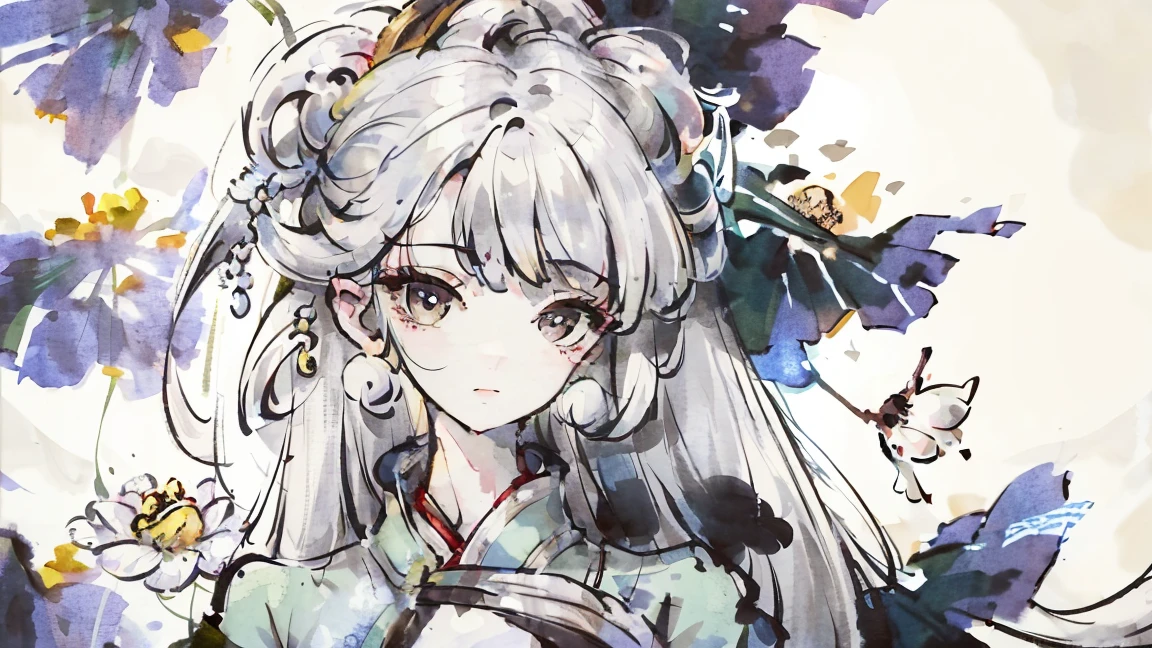 ((4K, masterpiece, highest quality)), Shui Movissim, Chinese painting, Lotus flowers around: 1.5, Hanfu, Maxi Kit, 1 conservatively dressed girl, Holding the lotus in his hand, alone, white hair, Long Hair, The presence of obvious horns on the head, white, , Looking at the audience, Provocative