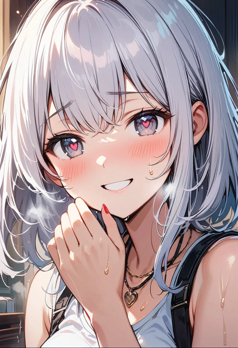 8k HD,Highest image quality,masterpiece quality,best quality,4K mobile wallpaper,1 girl,Heart-shaped pupils,nail,Put your hands on your face,white hair,gray eyes,big watery eyes,(blush:1.1),necklace,Upper body,trembling,Sweat,Sweat water,Heart,(speed line:1.1),medium breasts, ((Difficulty breathing:1.3)), like, Heart, crop top, Cheerful, Smile,The picture is transparent and bright,
