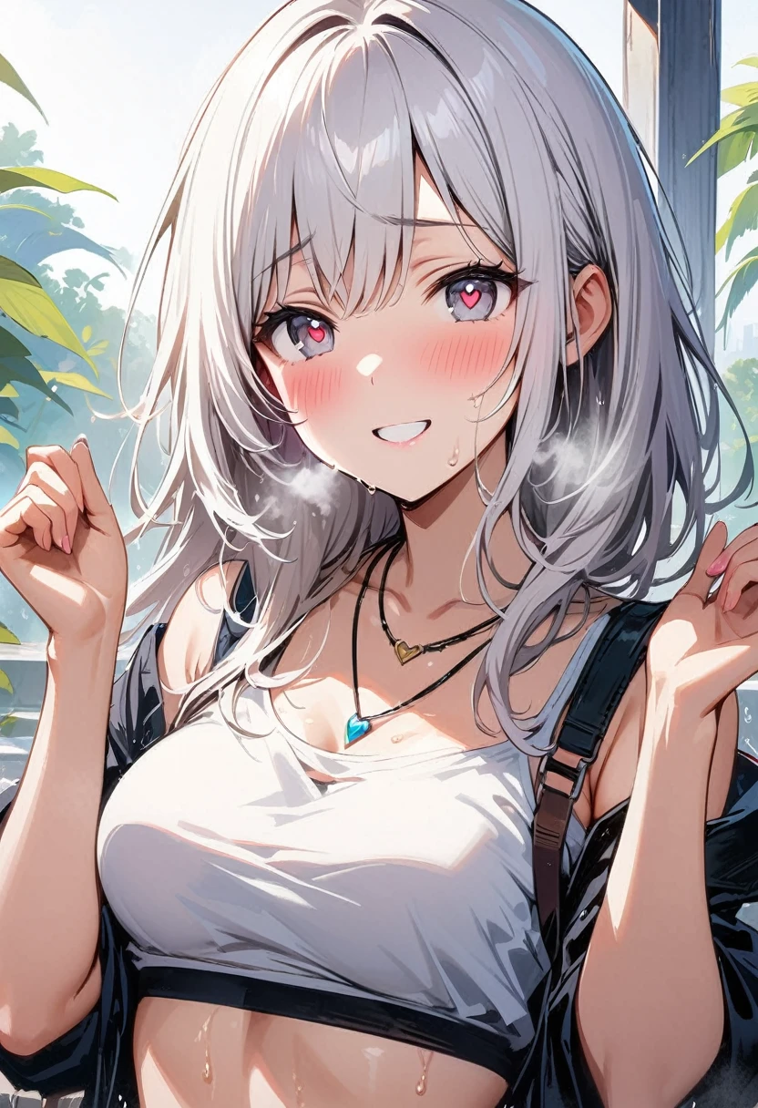8k HD,Highest image quality,masterpiece quality,best quality,4K mobile wallpaper,1 girl,Heart-shaped pupils,nail,Put your hands on your face,white hair,gray eyes,big watery eyes,(blush:1.1),necklace,Upper body,trembling,Sweat,Sweat water,Heart,(speed line:1.1),medium breasts, ((Difficulty breathing:1.3)), like, Heart, crop top, Cheerful, Smile,The picture is transparent and bright,