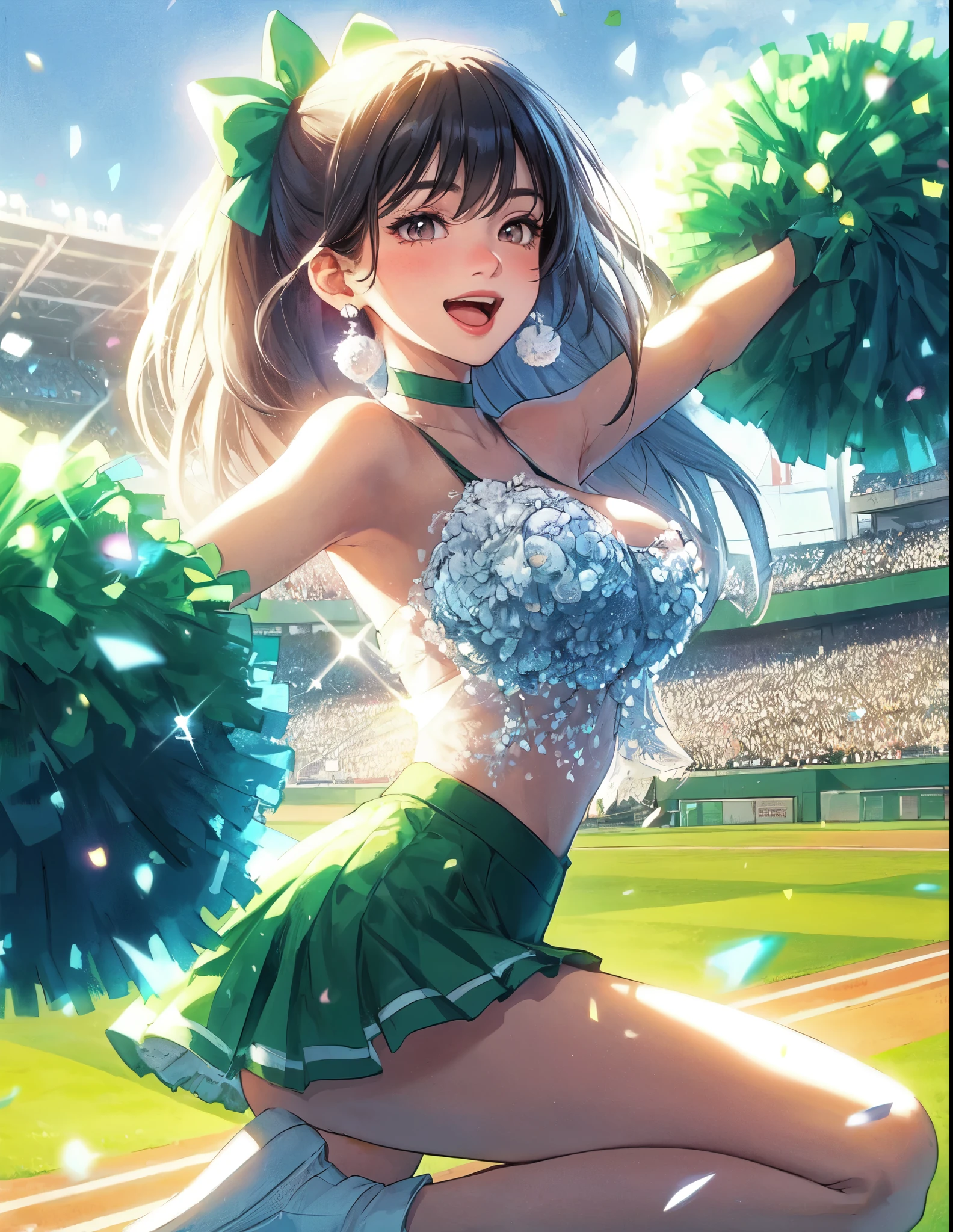 1lady solo, cheering, dancing, (dynamic posing), cheerleader (stylish outfit), female, /(light black hair/) bangs, ribbon, blush brightly smile, open mouth, (teeth:0.8), (masterpiece best quality:1.2) delicate illustration ultra-detailed, large breast (holding pom-pom) BREAK /(baseball stadium) grass, outdoors, audience