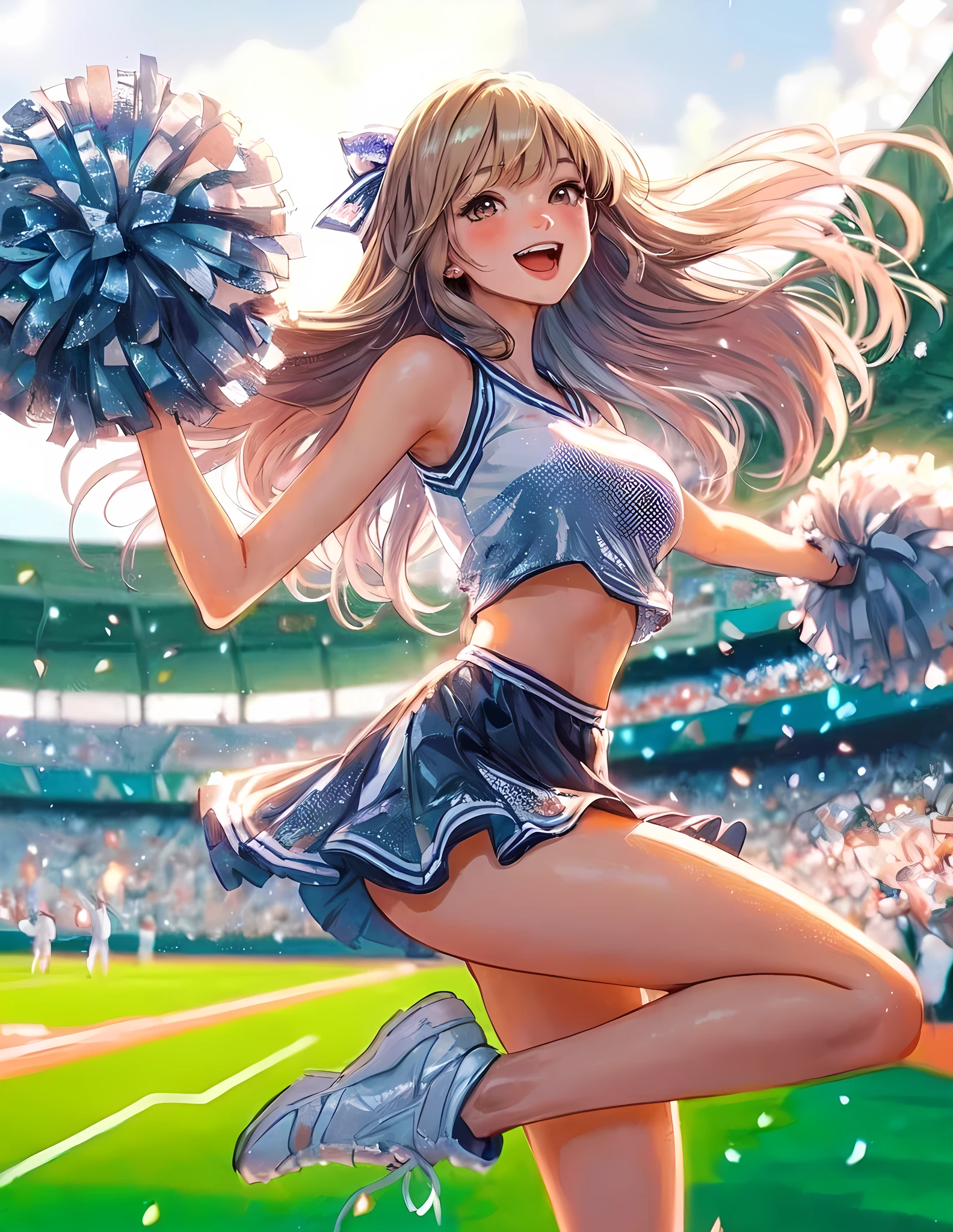 1lady solo, cheering, dancing, (dynamic posing), cheerleader (stylish outfit), mature female, /(beige hair/) bangs, ribbon, blush brightly smile, open mouth, (teeth:0.8), (masterpiece best quality:1.2) delicate illustration ultra-detailed, large breasts BREAK (holding pom-pom) BREAK /(baseball stadium) grass, outdoors, audience