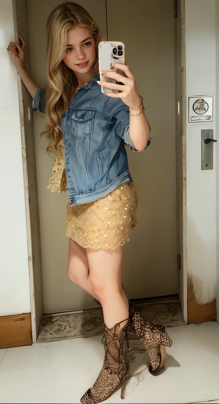 mulher, americana, 25 anos, pale skin and freckles, olhos cinzas, nariz delicado, soft and delicate lips, longo, cabelo blondie longo e ondulado na altura da cintura, sorriso meigo, face with delicate feminine facial features, altamente renderizado