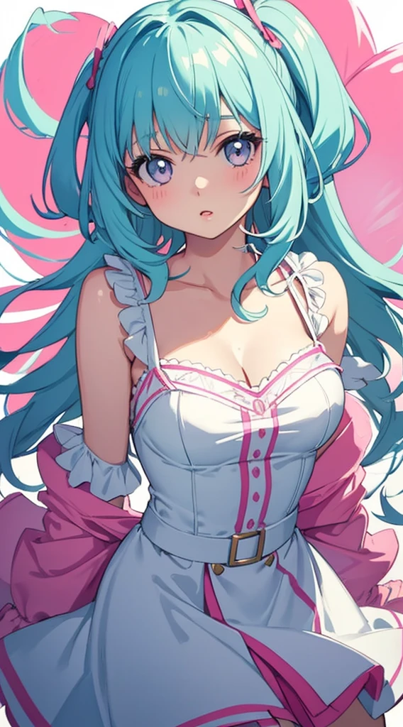 a little lovely ??? girl,redish pink lips,Wearing a bright white shirt,Pastel palette aurora punk style,Anime illustration of her face,Animated GIFs,hand-drawn animation,Captivating sketch,Smooth and shiny,Hazy romanticism,Super Flat Style,White background -- ar 1:1--niji 5--style expressive--s 50,cleavage,(Large breasts,The shoulder straps slip off)