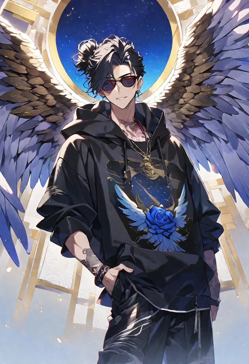 solo, handsome, 1. male, Man Bun, black hair, red eyes, Gojo Satoru ,Black oversized hoodie,Angel wing,skin,Sexy,sunglasses,Necklace,Blue Rose Tattoo,Starry Sky,moon,whole body,