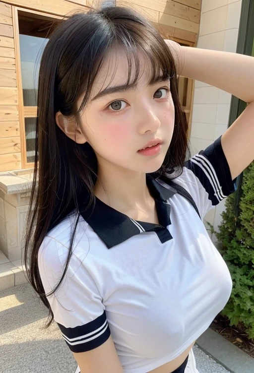 (highest quality, 8k, masterpiece ), An innocent -yeld ju, Black Hair、Chest that looks like the shirt is about to tear、bangs:0.6,グラマーなThighs、Very tight see-through uniform:1.4、mini skirt, Highly detailed face, double eyelid, Strong natural light、round face:1.2、whole body、Thighs、loafers、round face、Horizontal angle,Side Angle:1.2