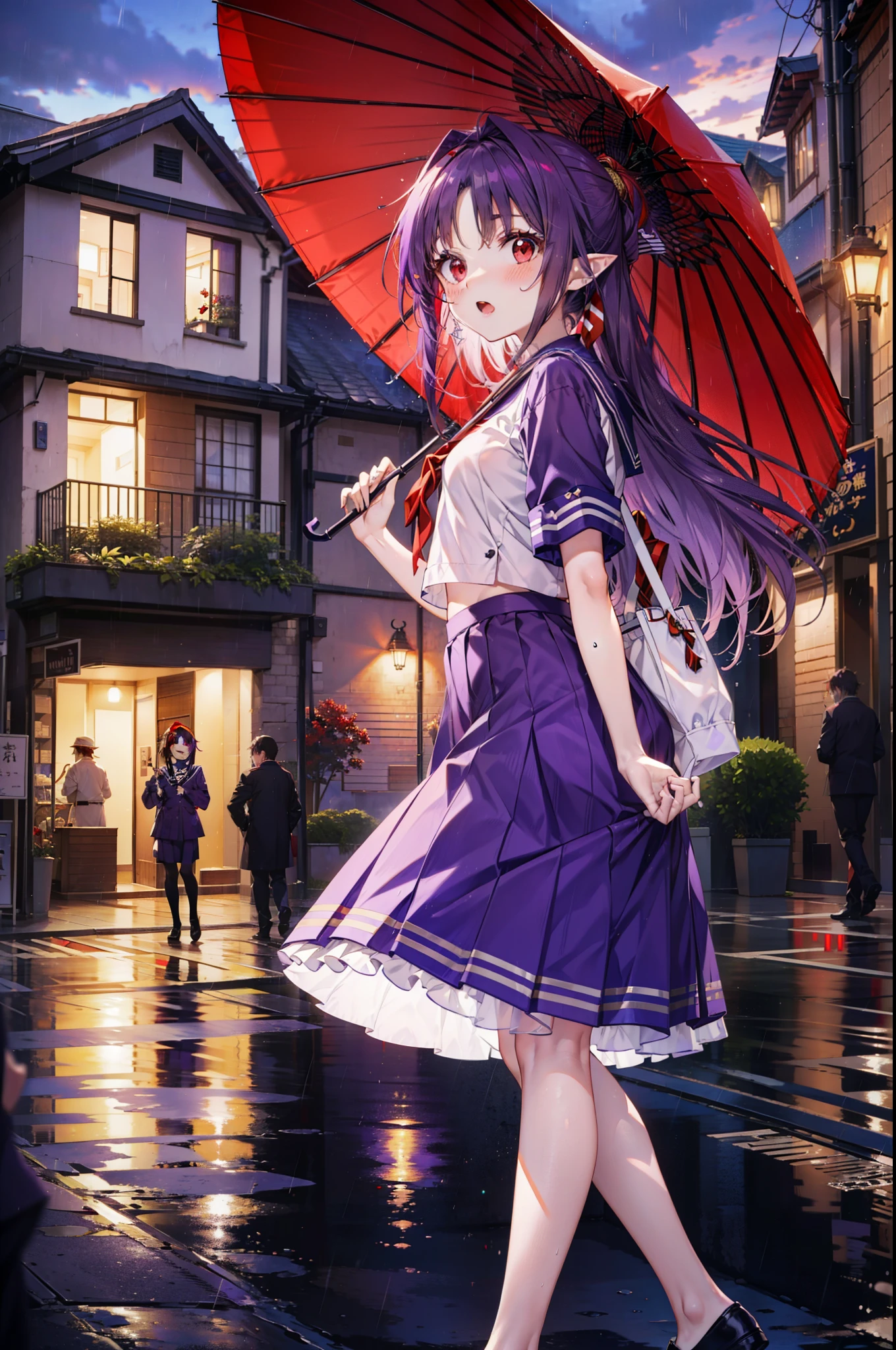 yuukikonno, Yuki Konno, hair band, Long Hair, Pointy Ears, Purple Hair,blush, Embarrassing,(Red eyes:1.5), (Small breasts:1.2), Open your mouth, uniform(Purple Sailor Suit),Short sleeve,Purple pleated skirt,White tights,Brown Loafers,rain,cloudy,umbrella,whole bodyがイラストに入るように,
break looking at viewer,  whole body,
break outdoors, city,Building Street,
break (masterpiece:1.2), highest quality, High resolution, unity 8k wallpaper, (shape:0.8), (Fine and beautiful eyes:1.6), Highly detailed face, Perfect lighting, Highly detailed CG, (Perfect hands, Perfect Anatomy),