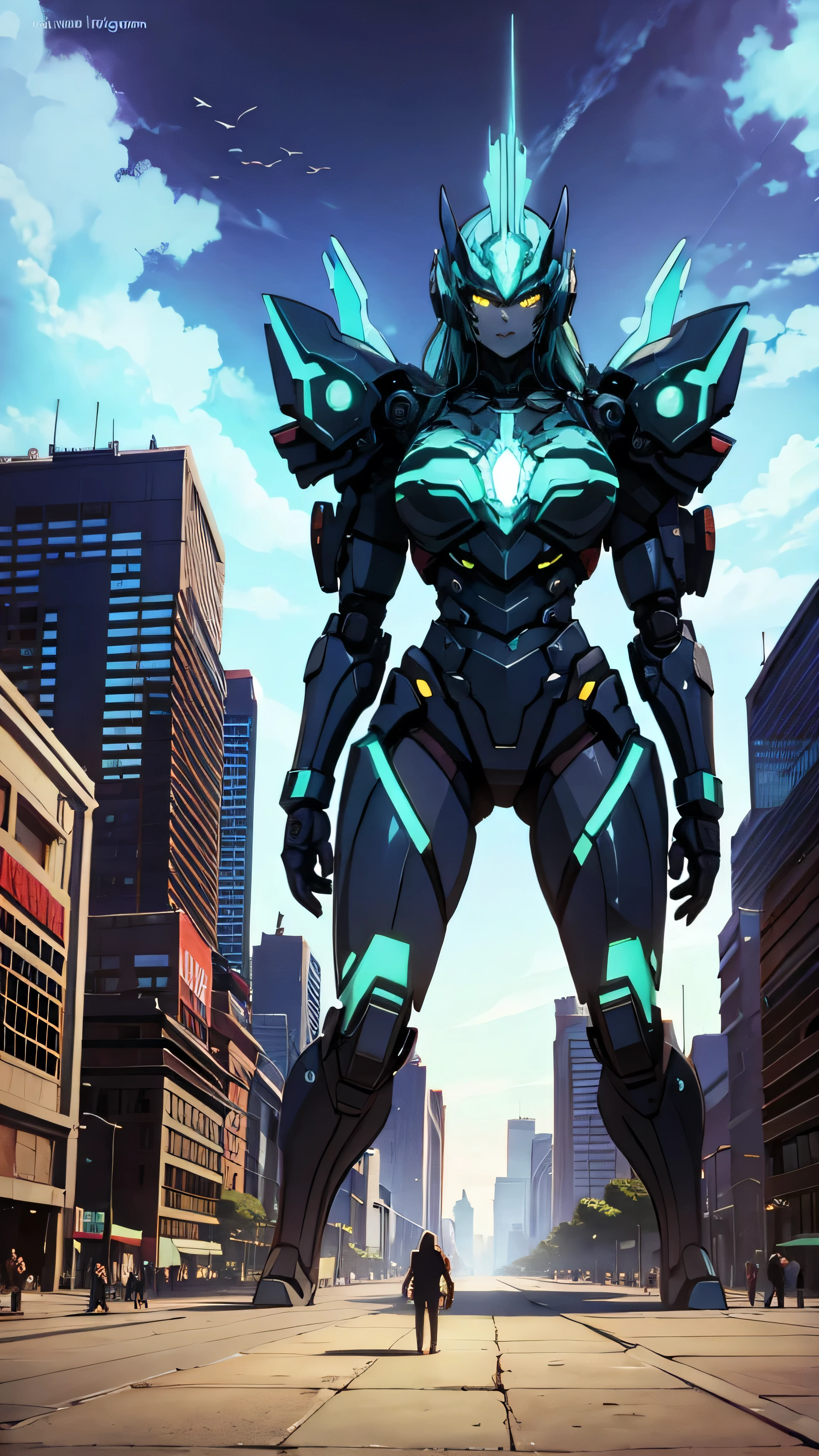A terrifying figure who embodies the spirit of Imogen Poots、The audience stands in front of a giant robot reminiscent of Ken Kelly's epic album cover.々Standing there。Ralph Horsley's brightly colored, shining armor、Take on the role of a mighty princess of the wasteland。Intricate biopunk patterns decorate her armor.、proving her status as a warrior queen。Skynet's ominous presence looms ominously in the background.、The cold metal shape、A stark contrast to the protagonist's fiery spirit.。This scene、
