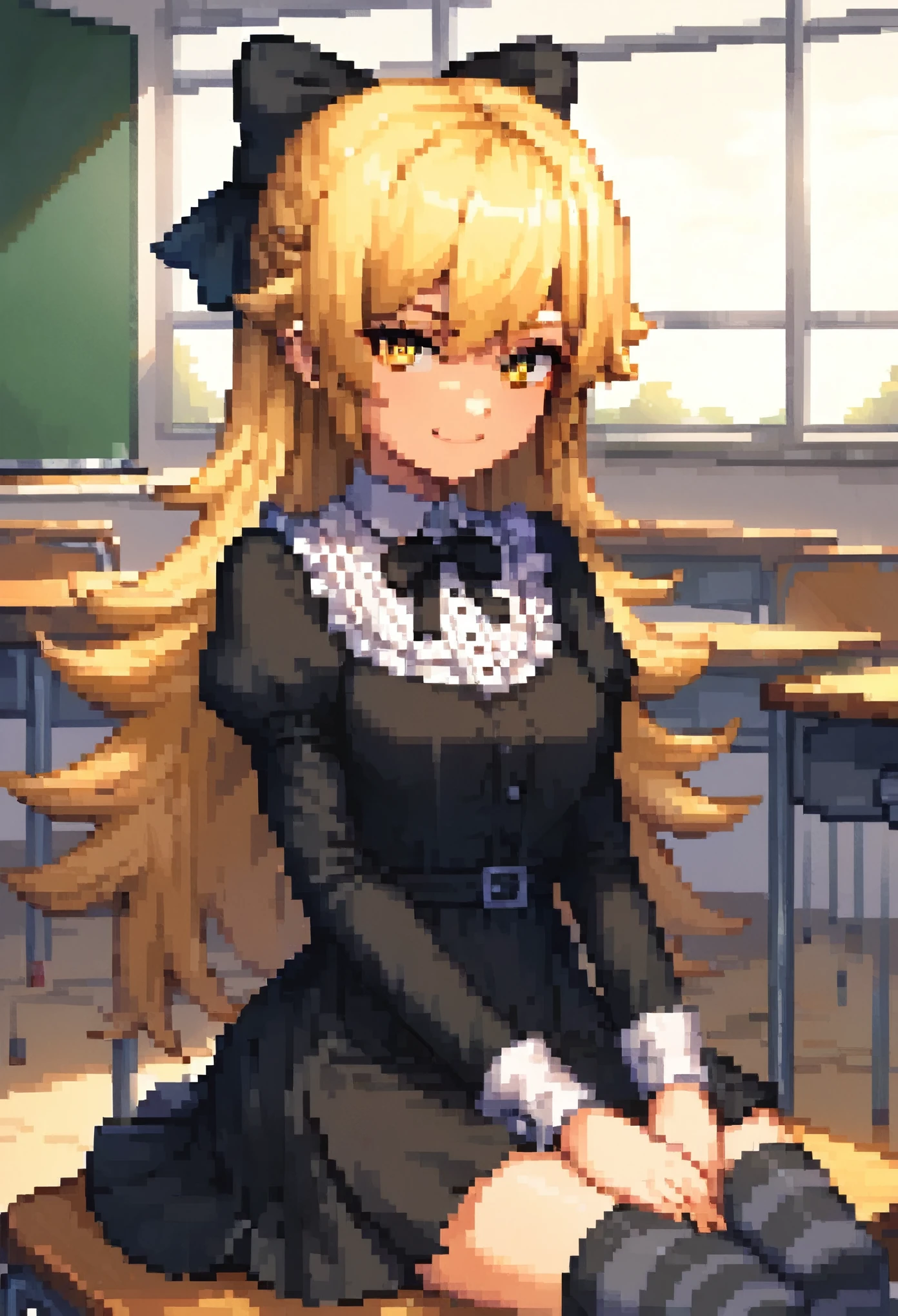 score_9, score_8_up, score_7_up, score_6_up, source_anime, rating_safe,, 1girl, solo, oshino shinobu, tv_gothic, blonde hair, long hair, yellow eyes, black dress, hair bow, striped thighhighs, frills, sitting, classroom, night, looking at viewer, smirk,, upper body pixel,pixel art, 8 bits,