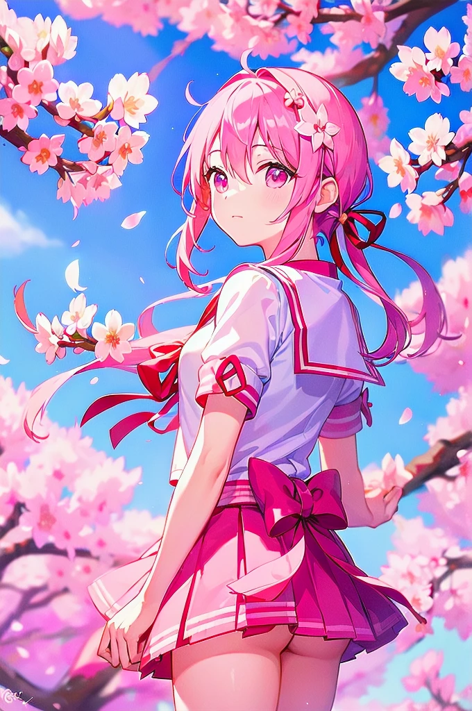 master peace, 1girl, solo, hair between eyes, closed mouth, standing, flower, outdoors, sky, cloud, tree, petals, floating hair, cherry blossoms, pink flower, (sailor suit), (((face focus))), (((looking at another))), (sakura effect:1.4)