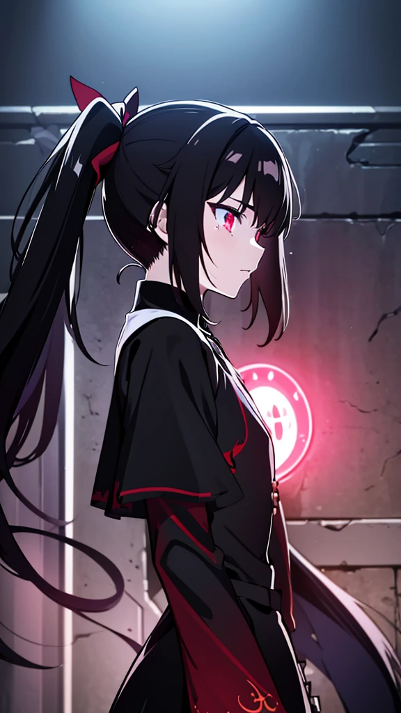 1 girl ,(big Stigmata) , ruined church, bloody rosary , (floating hair, floating skirt), ((blood sea)),from side, character focus, ((black light)),((dark lighting)), cinematic lighting ,(darkness), (concept art), ((rape face)) ,black long straight hair, black hair, pigtail hairstyles, long straight pigtails, hair ribbon , red eyes color, black dress, tight black dress, nun dress, wearing nun clothes, (glowing eyes), high resolution,(incredibly absurdres) ,extremely detailed CG unity 8k wallpaper, ((masterpiece)), ((top-quality)), (beautiful illustration), ((an extremely delicate and beautiful)), (masterpiece, Best quality, ultra high resolution), 1 girl, black T-shirt, Black hair, pale skin, Black Crown, red eyes, Luminous_eyes, neon eyes, ultra detailed eyes, Beautiful and detailed face, detailed eyes, (Centered, torso), (tears), (wide shot:0.9), facing the viewer, Eye level