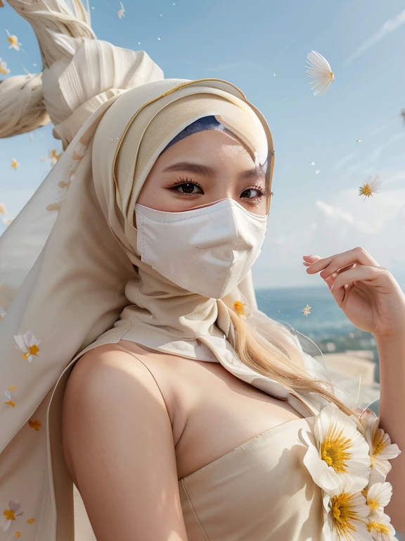 (best quality, masterpiece), 1 malay girl in hijab, user mask mouth, pose, particle, wind, flower, upper body, simple background, looking at viewer, blonde, galaxy,