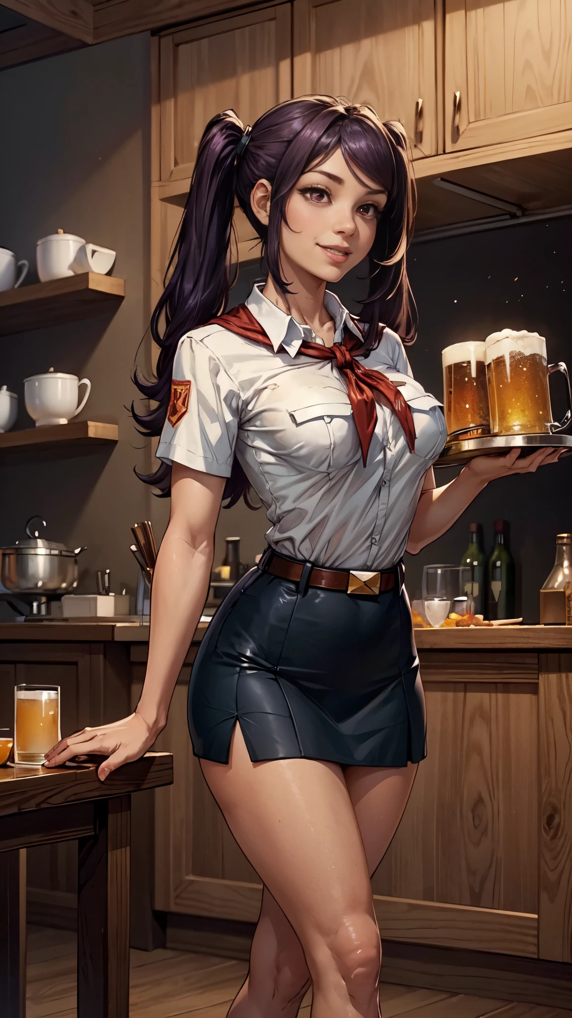 8k, high detailed picture, (plump smiling lips:1.1), look at you, perfect flat breast, mouth is wide open, thin and elegant hands, neat palms, perfect hands, holds in hands a tray with beer mugs, neat feet, pioneer neckerchief, bangs, shirt, collarbone, very tight white shirt, short sleeves, collared shirt, eyelashes, red neckerchief, breast pocket, skinny girl, long legs, tight micro skirt, blue skirt, belt, very long light dark purple hair, big luminous dark red eyes, full body shot, defJill, twintails