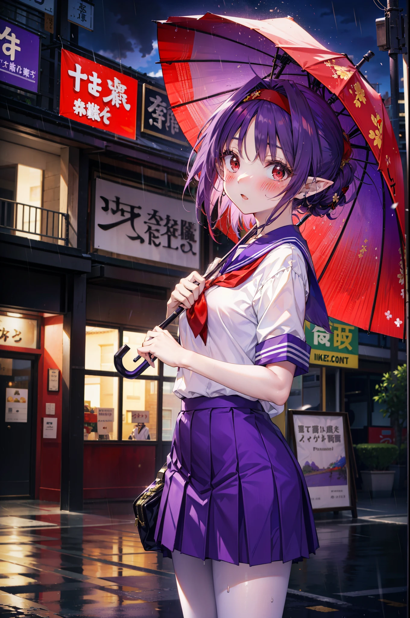 yuukikonno, Yuki Konno, hair band, Long Hair, Pointy Ears, Purple Hair,blush, Embarrassing,(Red eyes:1.5), (Small breasts:1.2), Open your mouth, uniform(Purple Sailor Suit),Short sleeve,Purple pleated skirt,White tights,Brown Loafers,rain,cloudy,umbrella,whole bodyがイラストに入るように,
break looking at viewer, whole body,
break outdoors, city,Building Street,
break (masterpiece:1.2), highest quality, High resolution, unity 8k wallpaper, (shape:0.8), (Fine and beautiful eyes:1.6), Highly detailed face, Perfect lighting, Highly detailed CG, (Perfect hands, Perfect Anatomy),