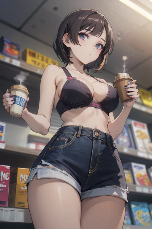 (masterpiece, Best Quality, ultra-detailed, high resolution, extremely detailed CG, official art, Professional Lighting, Perfect Anatomy, anime colors), (from below), looking at viewer, cowboy shot, perfect body, 24yo beautiful 1girl, medium hips, glamorous body,a small face,beautiful-makeup,Makeup light,Shortcut Hair,dark brown hair、Bust b Cup, Amazing Cleavage, thin waist, big ass, Raised sexy, big breast: 1.2 posed cleavage:1.2, (off shoulders,Sportsbra,legginullnude), micro denim shorts, bare legs, nail_polish, pale skin, Waiting friend, (morning:1.5), tokyo, (convenience store:1.3), outdoor, (depth of field:1.3), contrapposto, (Hold a coffee in your hand:1.3),delicate beautiful face, Bright magenta eyes, cute eyes, sparkling eyes, Big eyes, (big breasts:1.3), (perky chest:1.1), (pointed chest:1.3), looking at viewer, 