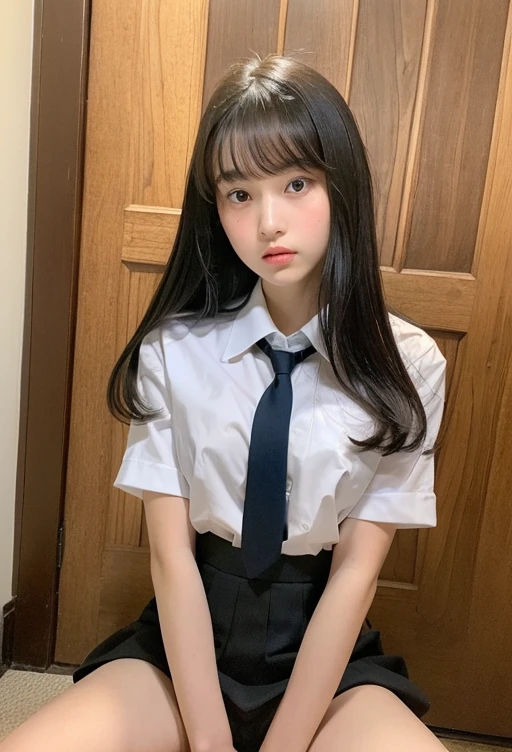 (highest quality, 8k, masterpiece ), An innocent 12-year-old junior high school girl
, Black Hair、Chest that looks like the shirt is about to tear、bangs:0.6,グラマーなThighs、Very tight see-through uniform:1.4、mini skirt, Highly detailed face, double eyelid, Strong natural light、round face:1.2、whole body、Thighs、loafers、round face、Horizontal angle,Side Angle:1.2