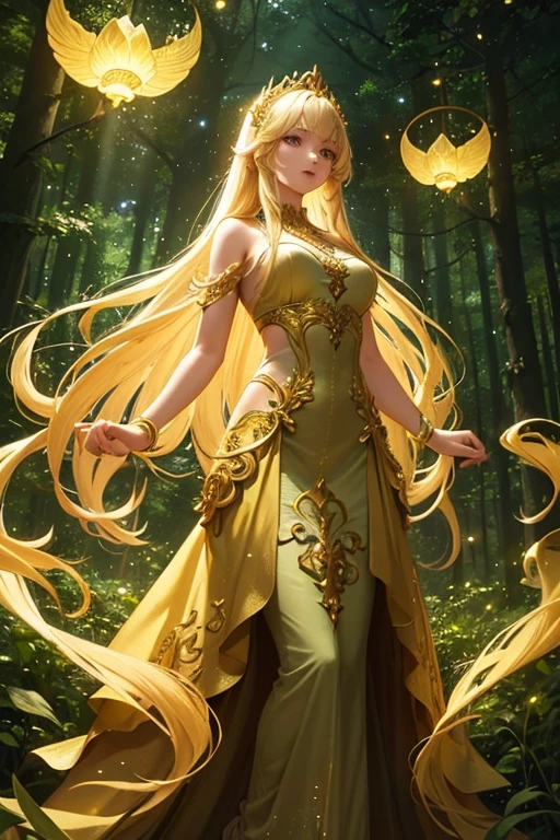 A young, fair-skinned woman with long, flowing blonde hair wearing an ornate, golden green dress standing in a lush, magical forest with glowing fireflies in the air