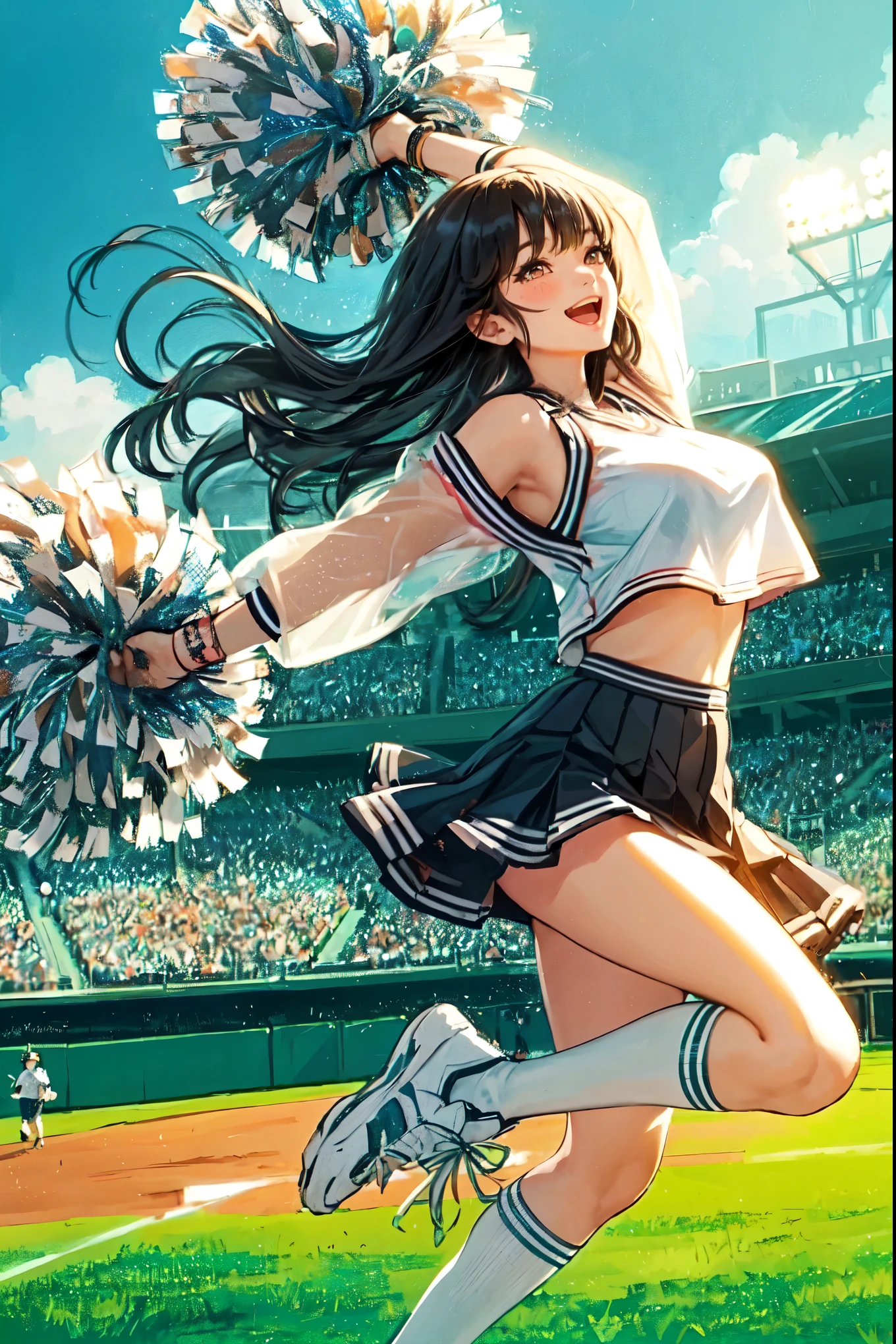 1lady solo, cheering, dancing, (dynamic posing), cheerleader (stylish outfit), mature female, /(black hair/) bangs, blush brightly smile, open mouth, (teeth:0.8), (masterpiece best quality:1.2) delicate illustration ultra-detailed, large breasts BREAK (holding pom-pom) BREAK /(baseball stadium) grass, outdoors, audience