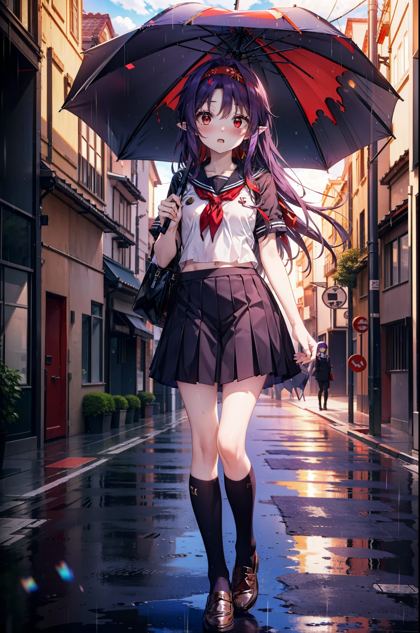 yuukikonno, Yuki Konno, hair band, Long Hair, Pointy Ears, Purple Hair,blush, Embarrassing,(Red eyes:1.5), (Small breasts:1.2), Open your mouth, uniform(Black sailor suit),Short sleeve,Black pleated skirt,black tights,Brown Loafers,rain,cloudy,umbrella,whole bodyがイラストに入るように,
break looking at viewer,  whole body,
break outdoors, city,Building Street,
break (masterpiece:1.2), highest quality, High resolution, unity 8k wallpaper, (shape:0.8), (Fine and beautiful eyes:1.6), Highly detailed face, Perfect lighting, Highly detailed CG, (Perfect hands, Perfect Anatomy),