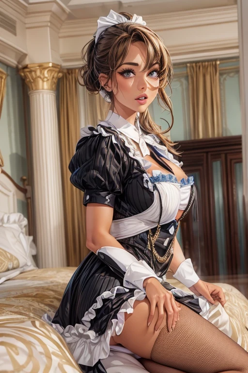 there is a woman in lingerie sitting on a bed, gorgeous maid, maid, [ 4 K digital art ]!!, ultra-realistic picture, Shiny white skin, shiny soft skin, Extremely detailed Artgerm, high resolution commission, Fanart Meilleure ArtStation,