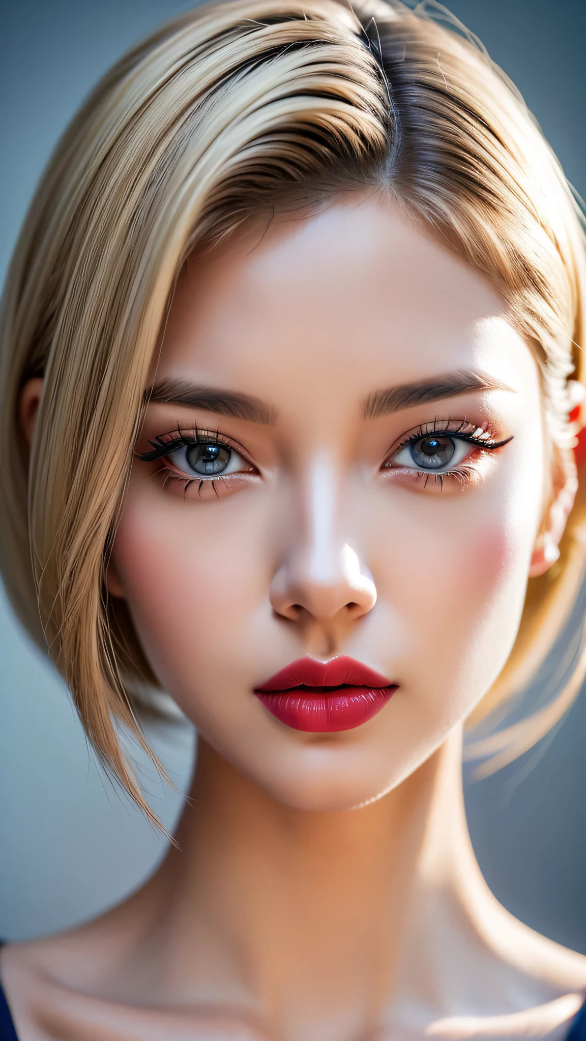 Realism, Realistic, ((ultra realistic details: velvety skin, blonde short slicked to the side hair, symmetrical lips, light glossy red_lipstick, long blue_eyelashes, pupils, BREAK ((brown_eyes))), anatomicallycorrect, perfect proportions), BREAK Hyper-Photorealistic ((portrait)) a cute 1model:1.4 24yo, dslr, best high quality soft lighting, sharp focus captured by Fujifilm XT3, f 5.6, in a dramatic lighting, l (perfect composition), ((pale skin)), ((dry skin)),