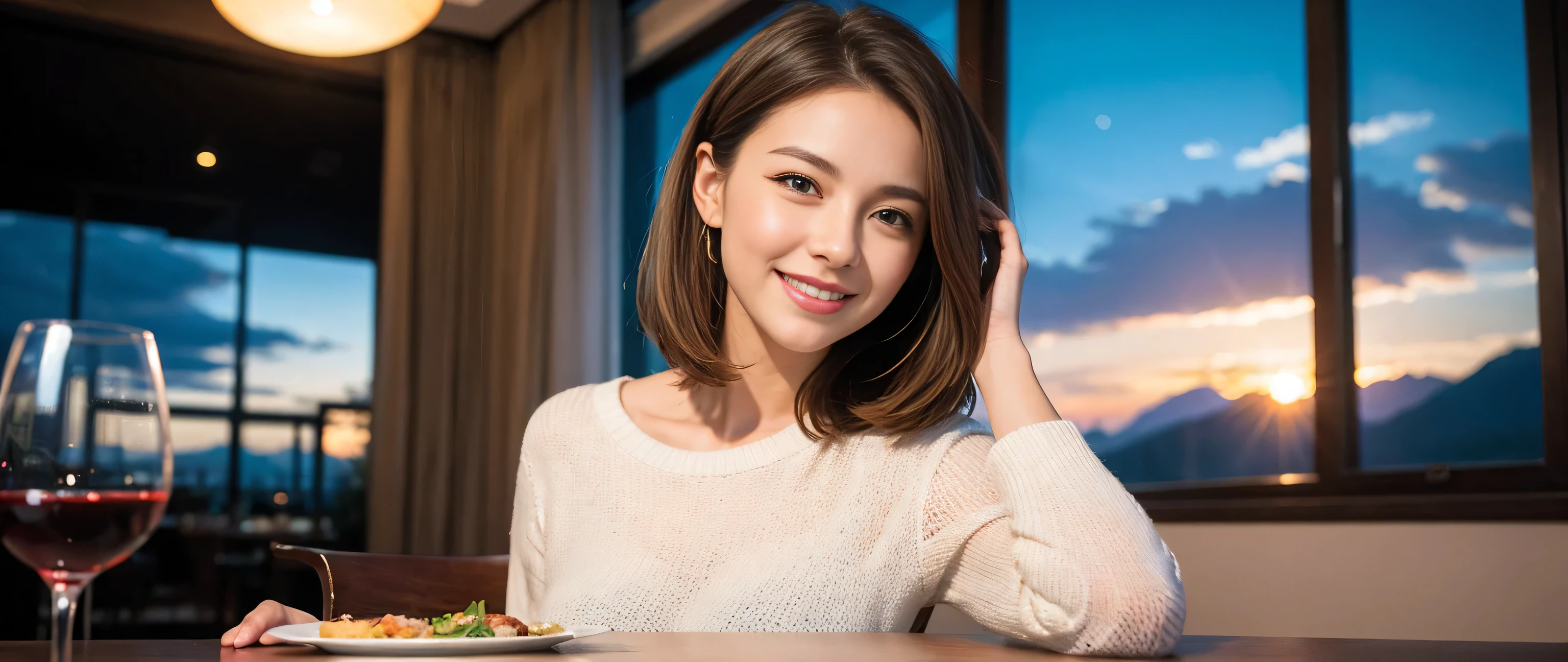 ((highest quality、8k、masterpiece:1.3))、Sharp focus:1.2、Beautiful woman perfect body:1.4、Slim body、((Bob Hale、Straight hair:1.2))、(to be born, highest quality, masterpiece:1.5), (Realistic, Intricate details:1.2), Ultra-high resolution, Amazing view of the sunset sky and clouds、Amazing mountain views、A bright smile、A lovely woman with a smile、Bright image、2. The beauty of wine, Beautiful Face, blue eyes, The light shines on your face, Blushing, short hair,Bright Face、Fox face、 (36 years old), 39 years old, Lady、red wine 、Appetizers、Italian food、Wine bottle、Champagne、sparkling wine、Two beauties、Brown Hair、Shortcuts、Long sleeve shirt、dress、Pretty Woman 1, (Slim face), (The body is slim), (Brown Hair), (Shortcuts), cheeks turn a little red,Attractive beauty、, Out of the window, A beautiful and detailed night view unfolds.........., restaurant, In a prominent place (From the waist up) Nova Frog Style, actress, model, Upper Body, White wine, slim, wine glass, Wine glass placed in the center, smile, (smile: 1.15), Beautiful fine grain, Depth f/2,saturation, High Contrast, Strong light and shadow,Moist Body:1.5、3D texture、Delicate eyes、Brown Hair、The hair is very shiny、