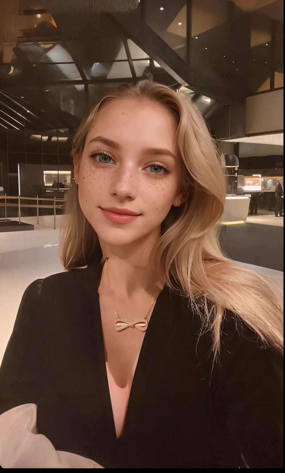 mulher, americana, 25 anos, pale skin and freckles, olhos cinzas, nariz delicado, soft and delicate lips, longo, cabelo blondie longo e ondulado na altura da cintura, sorriso meigo, face with delicate feminine facial features, altamente renderizado