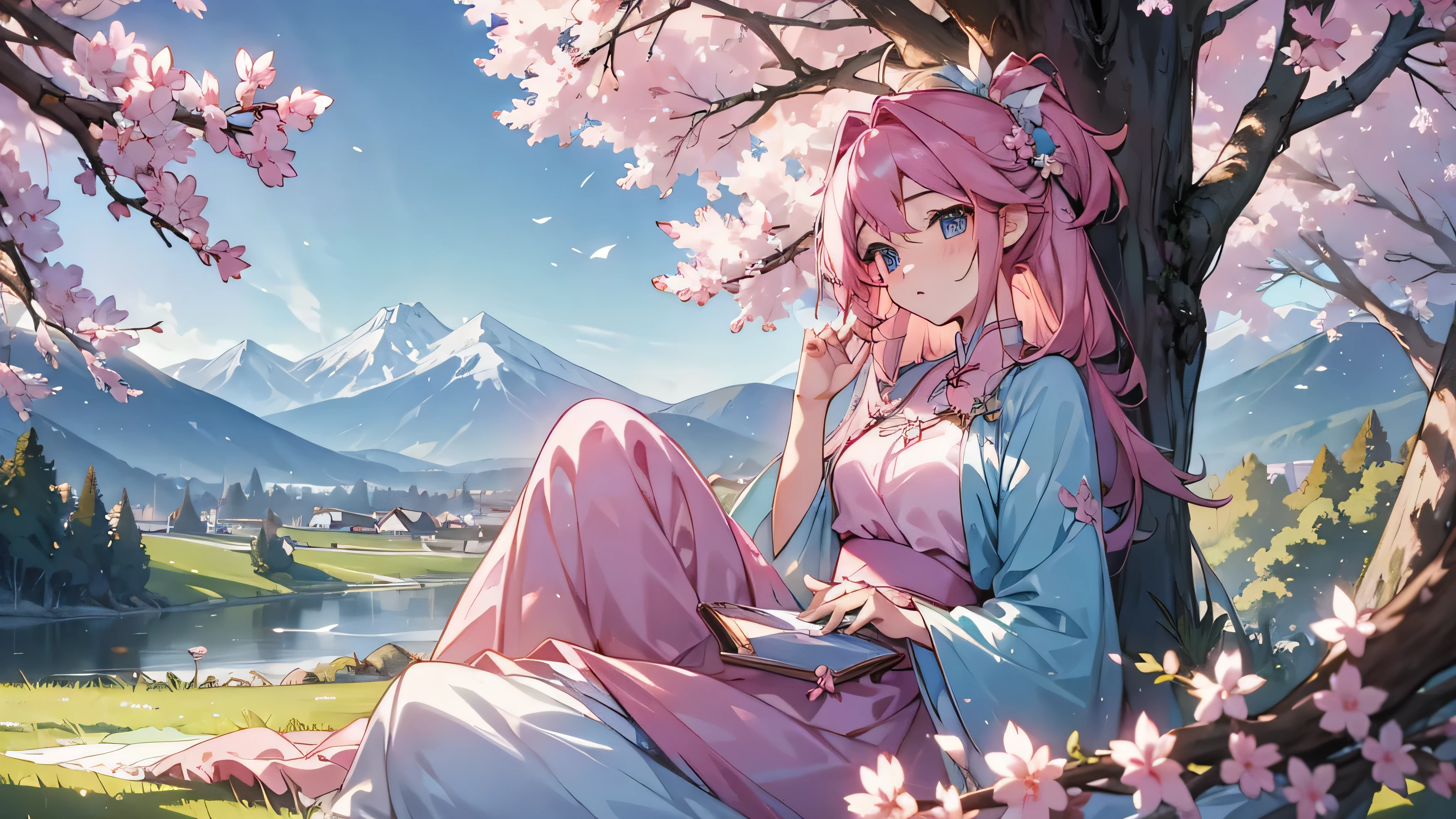 a pretty girl with flowy pink hair and a pastel color illuminating dress sitting under a sakura tree, vibrant background with mountains and trees hues, light colored