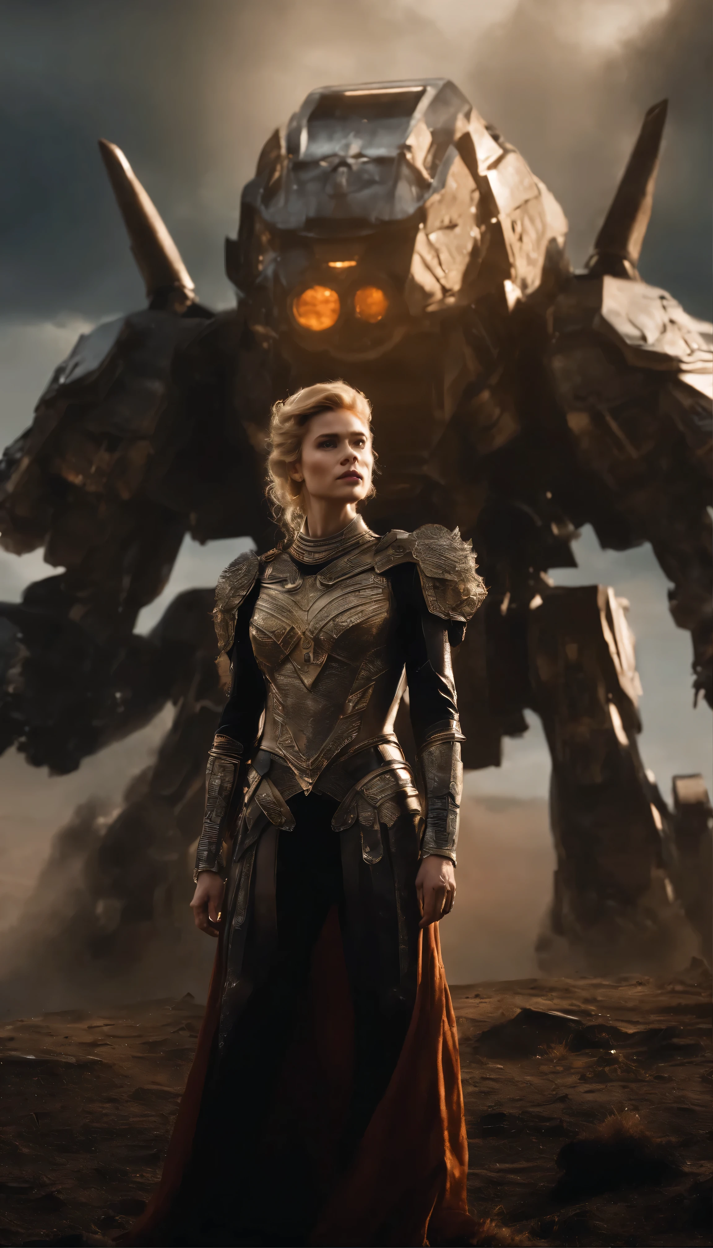 A terrifying figure who embodies the spirit of Imogen Poots、The audience stands in front of a giant robot reminiscent of Ken Kelly's epic album cover.々Standing there。Ralph Horsley's brightly colored, shining armor、Take on the role of a mighty princess of the wasteland。Intricate biopunk patterns decorate her armor.、proving her status as a warrior queen。Skynet's ominous presence looms ominously in the background.、The cold metal shape、A stark contrast to the protagonist's fiery spirit.。This scene、